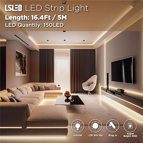 Miniatura 2 de Tira de luces LED, tira de luz LED de 16.4 pies con adaptador ETL de 12 V CC, 4000 K, luz blanca neutra con revestimiento de poliuretano, luces LED