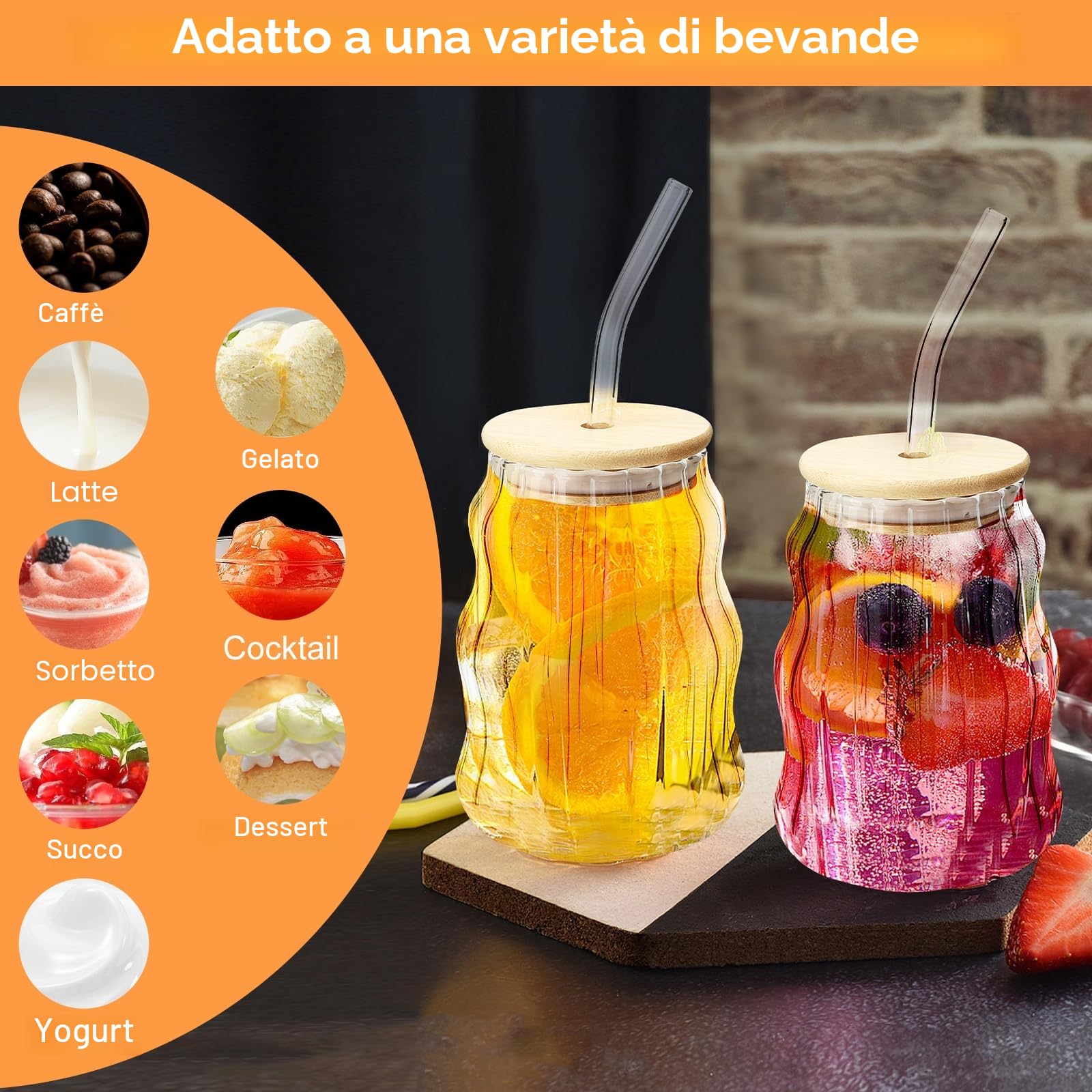 APOMOONS Set di 2 bicchieri con coperchio e cannuccia tazze in vetro a coste caffè ondulato con cannucce trasparenti ghiacciate per acqua, succo di caffè, birra latte
