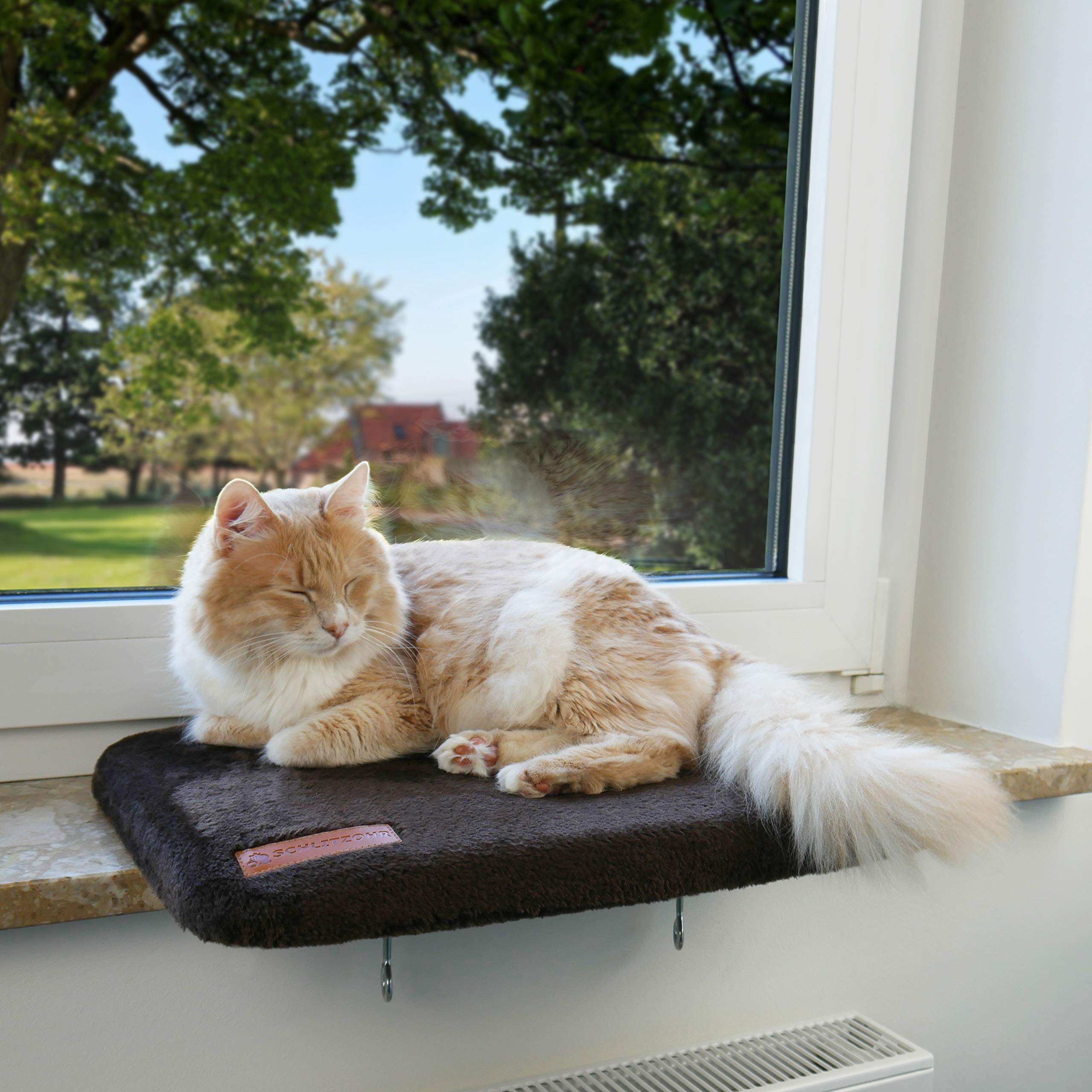 Fensterliegeplatz Teddy | stabile Katzenliege für Fensterbank | Fensterbankliege für Katzen | 51 × 36 cm (Beige)