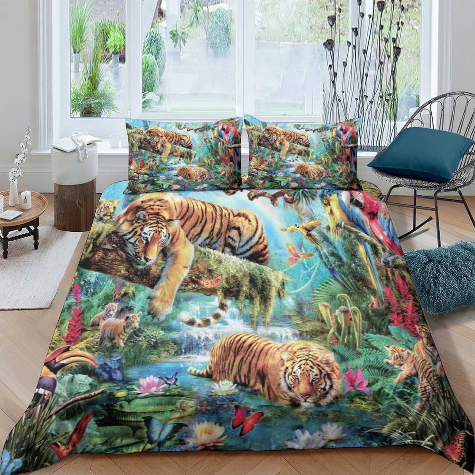 Ctjqhvkz Style-4 3D Printed Jungle Tiger Fitted Sheet Microfiber Soft Green Forest Animal Mattress Cover For Bedroom Dorm Decor Single（135X200cm）