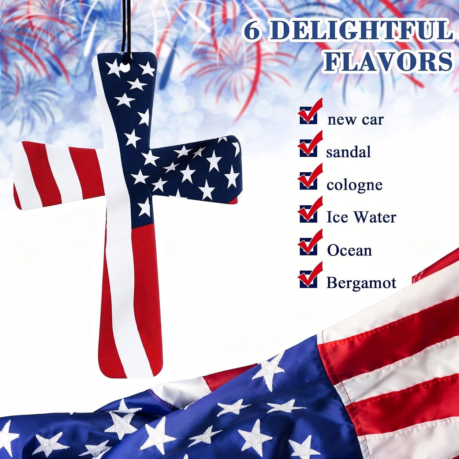 Siifert 12 Pcs 4th of July Ornaments for Tree American Flag Patriotic Cross Air Fresheners Christian USA Flag Decorations for 250th Anniversary Memorial Day Independence Fathers Gift