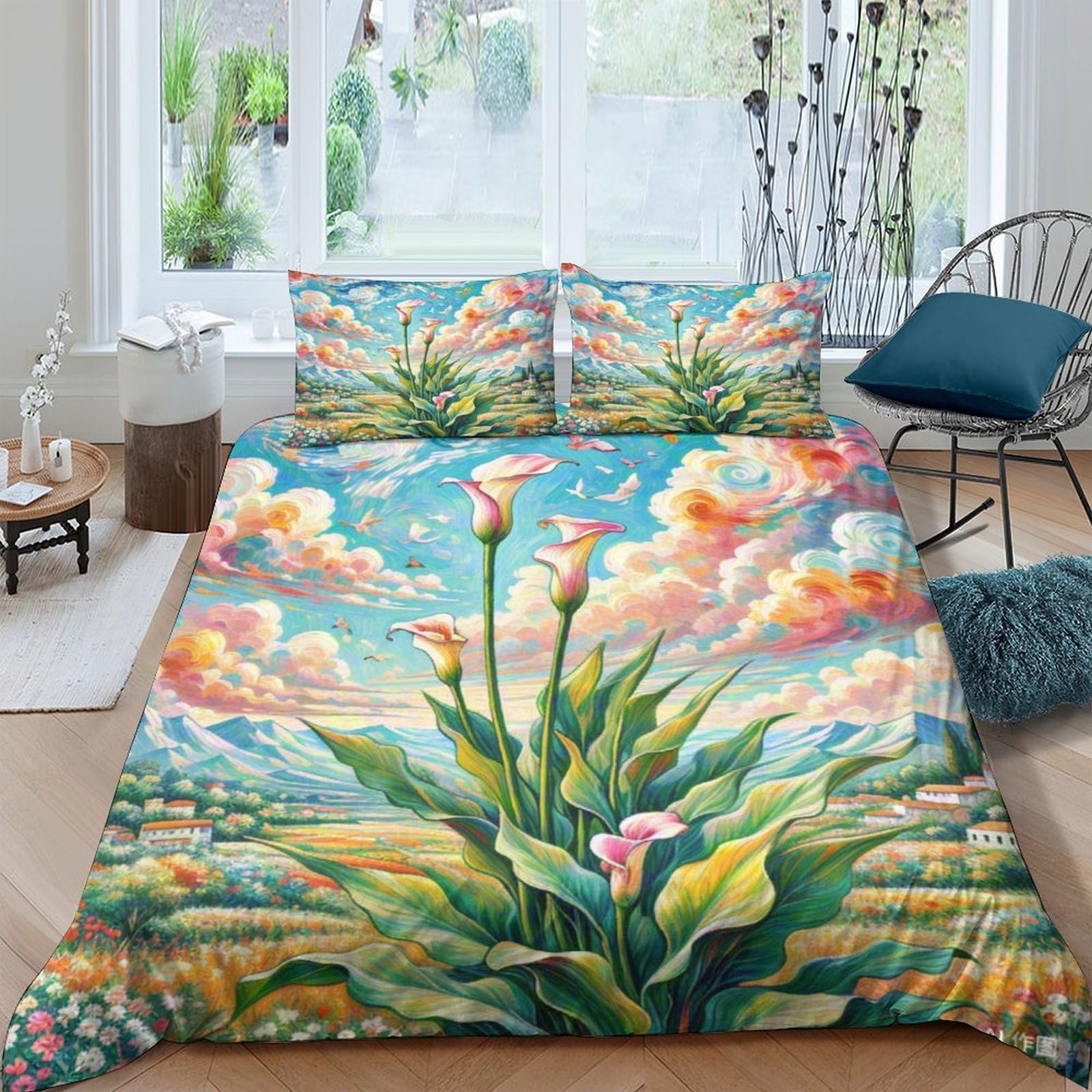 Housse de couette Calla Lily 3D 220x240cm en microfibre douce avec taies