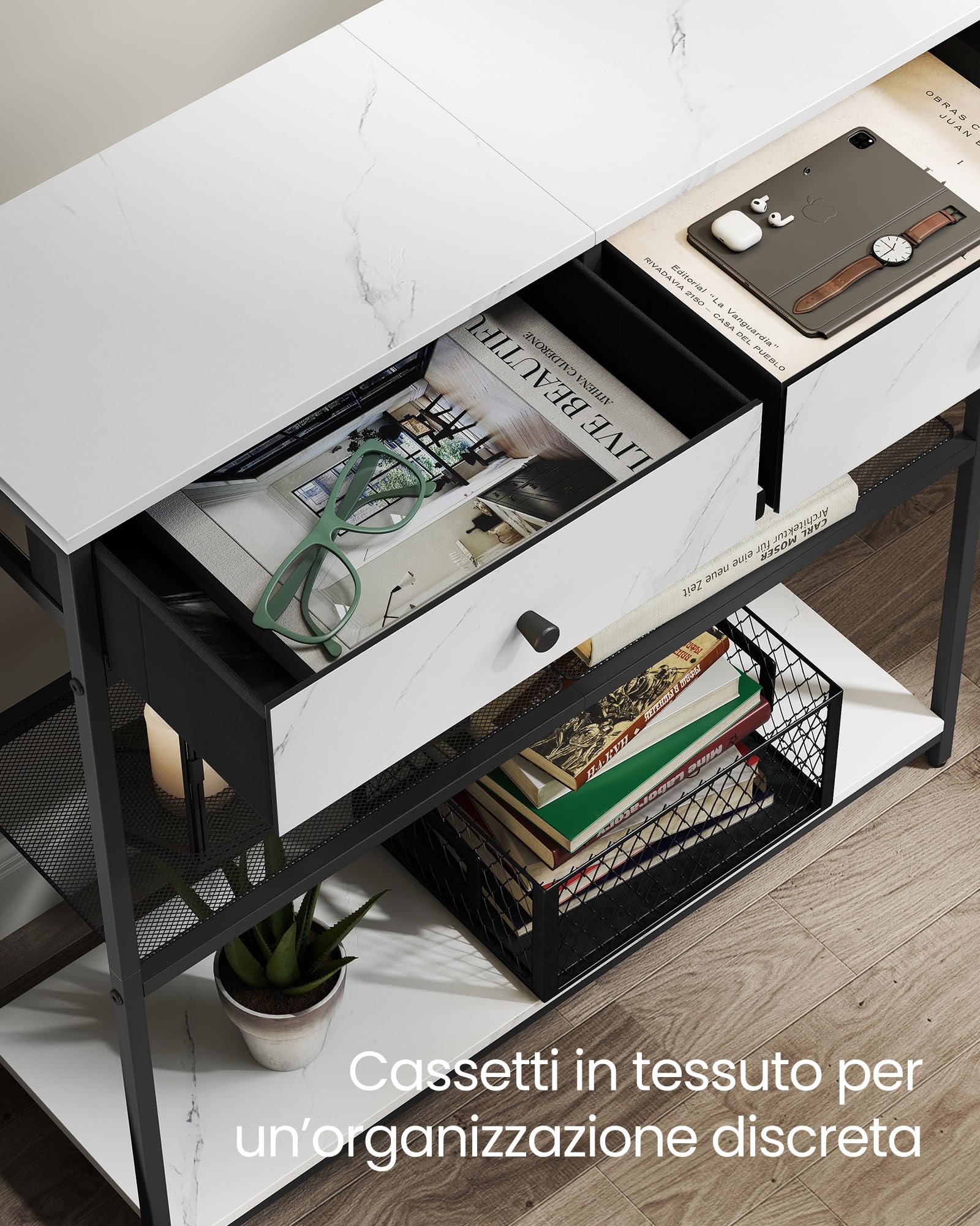 VASAGLE Tavolo Consolle Stretto, Tavolo da Ingresso con 2 Cassetti in Tessuto, Tavolino da Divano a 3 Livelli, 24 x 76 x 80 cm, per Ingresso, Soggiorno, Bianco Marmo e Nero Inchiostro LNT092W01