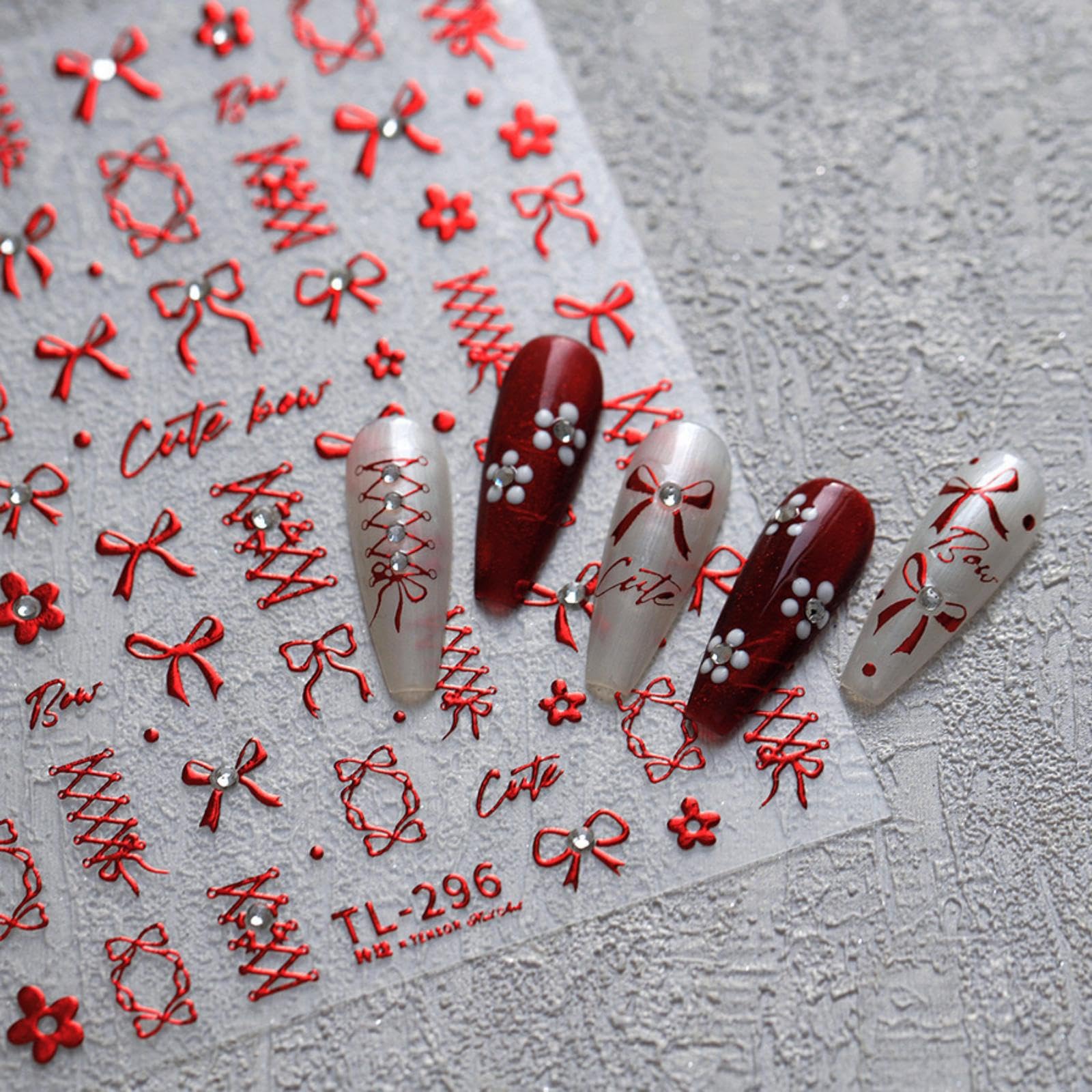 5D Embossed Bow Nail Stickers Red Bow Nail Art Stickers Self-Adhesive Flower Bows Nail Decals Ribbon with Rhinestone Design Fall Nail Supplies for