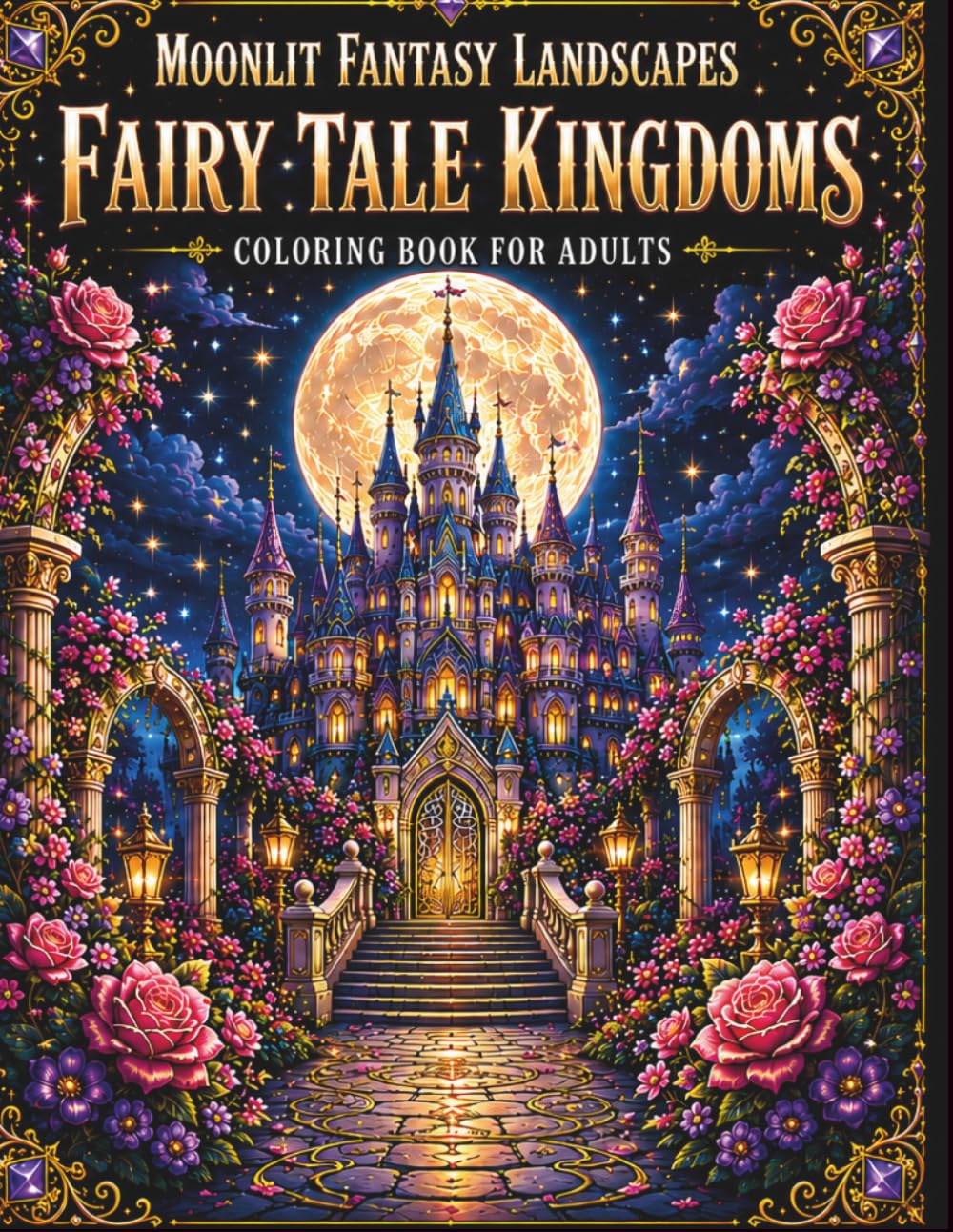 Moonlit Fantasy Landscapes: Fairy Tale Kingdoms: Black Background Coloring Book for Adults with 50+ Enchanted Castles, Moonlit Fantasy Landscapes, Magical Gardens, and Fairy Tale Scenes