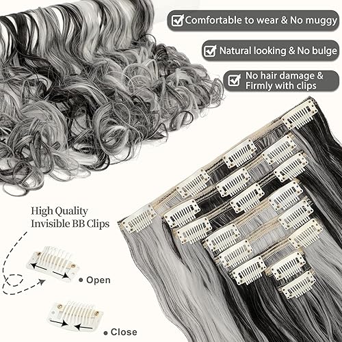 Miniatura 4 de Extensiones de cabello sintético con clip, de 24 pulgadas, 8 unidades, mezcla de negro natural, gris plateado, largo, ondulado, extensiones de