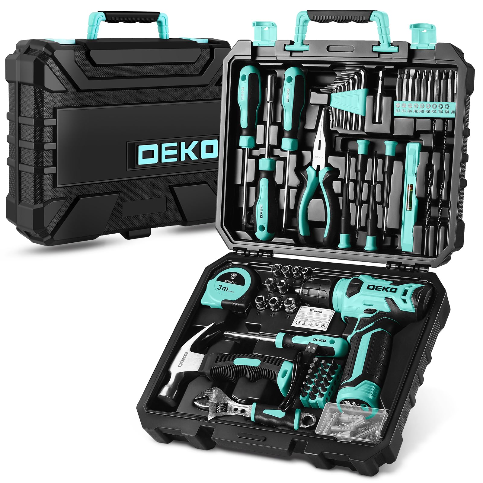 Tool Kit with Cordless Drill: DEKO Tools Set Box 126 Piece with 8V Electric Drill for Men,Woman and Home, DIY Hand for Furniture Assembling, Home Maintenance(Cyan)
