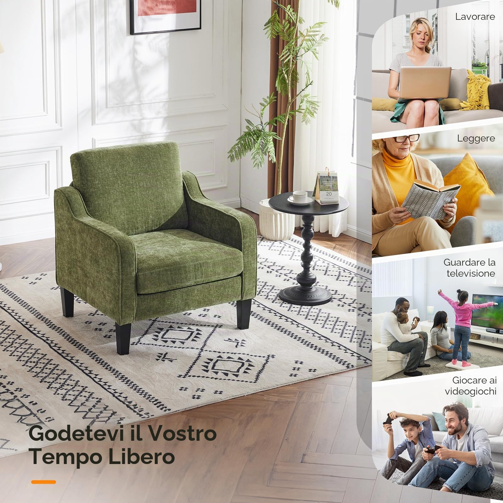 Bonnlo Poltrona Design in Tessuto Chenille, Poltrona Salotto con Gambe in Legno Massello, Poltrocina Camera da Letto per Ufficio e Soggiorno, 76 x 78 x 84cm (Verde)