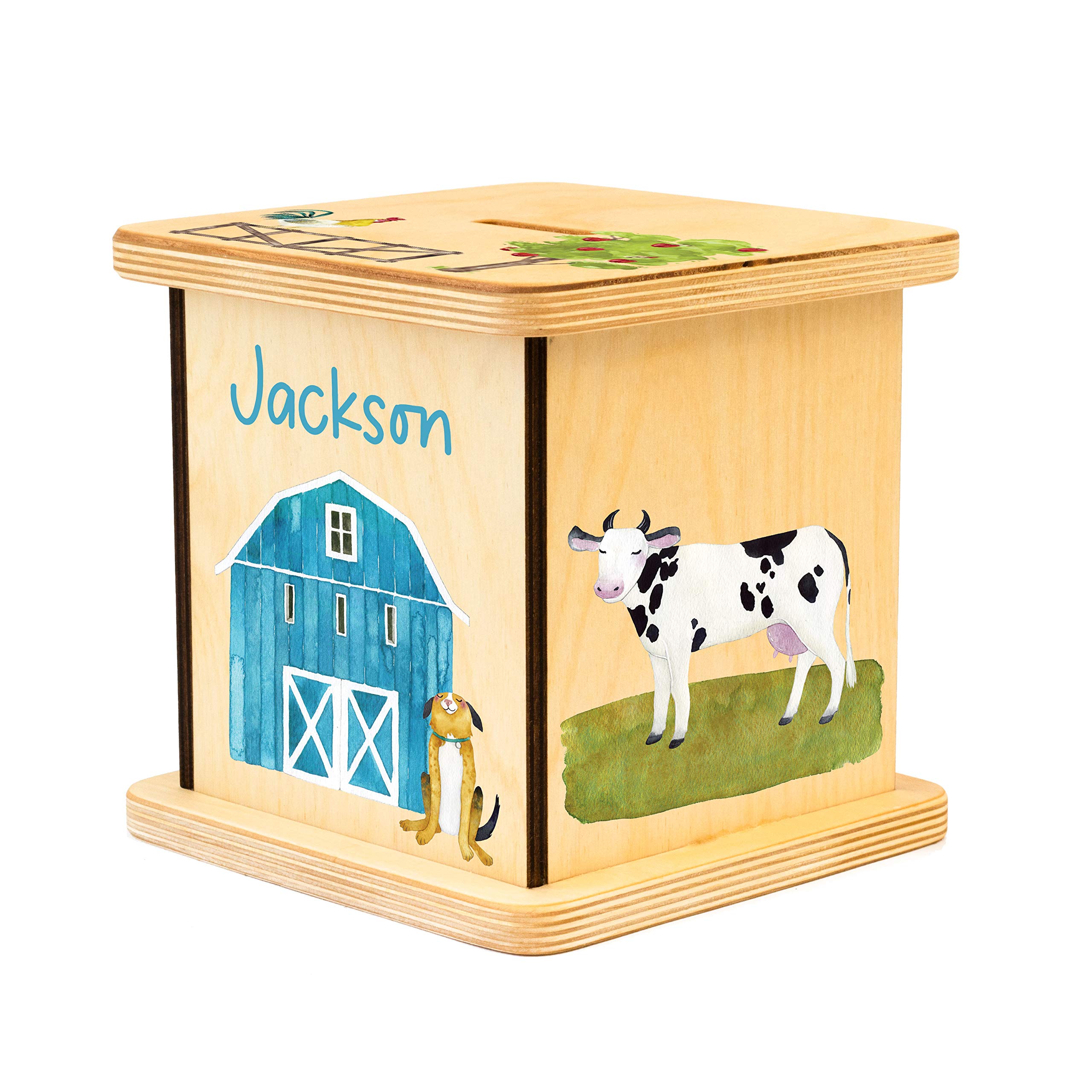 Wooden Piggy Bank for Kids and Adults, Personalized Gift Handmade in USA by BloomOwl, Custom Piggy Bank, Personalized Banks for Kids, Gifts for Baby Boys and Girls (Farm- Blue)