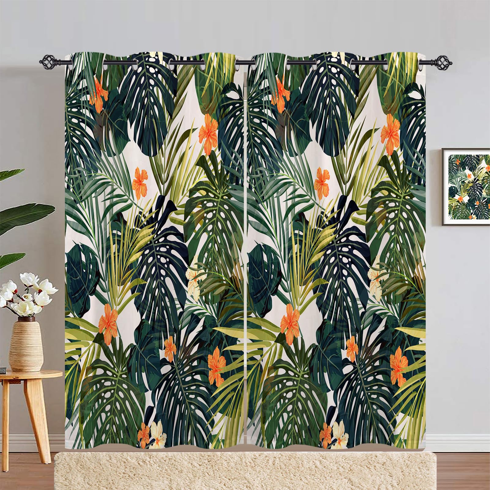 ANHOPE Tropical Leaf Blackout Eyelet Curtains 2 Panels W 55" x L 84"