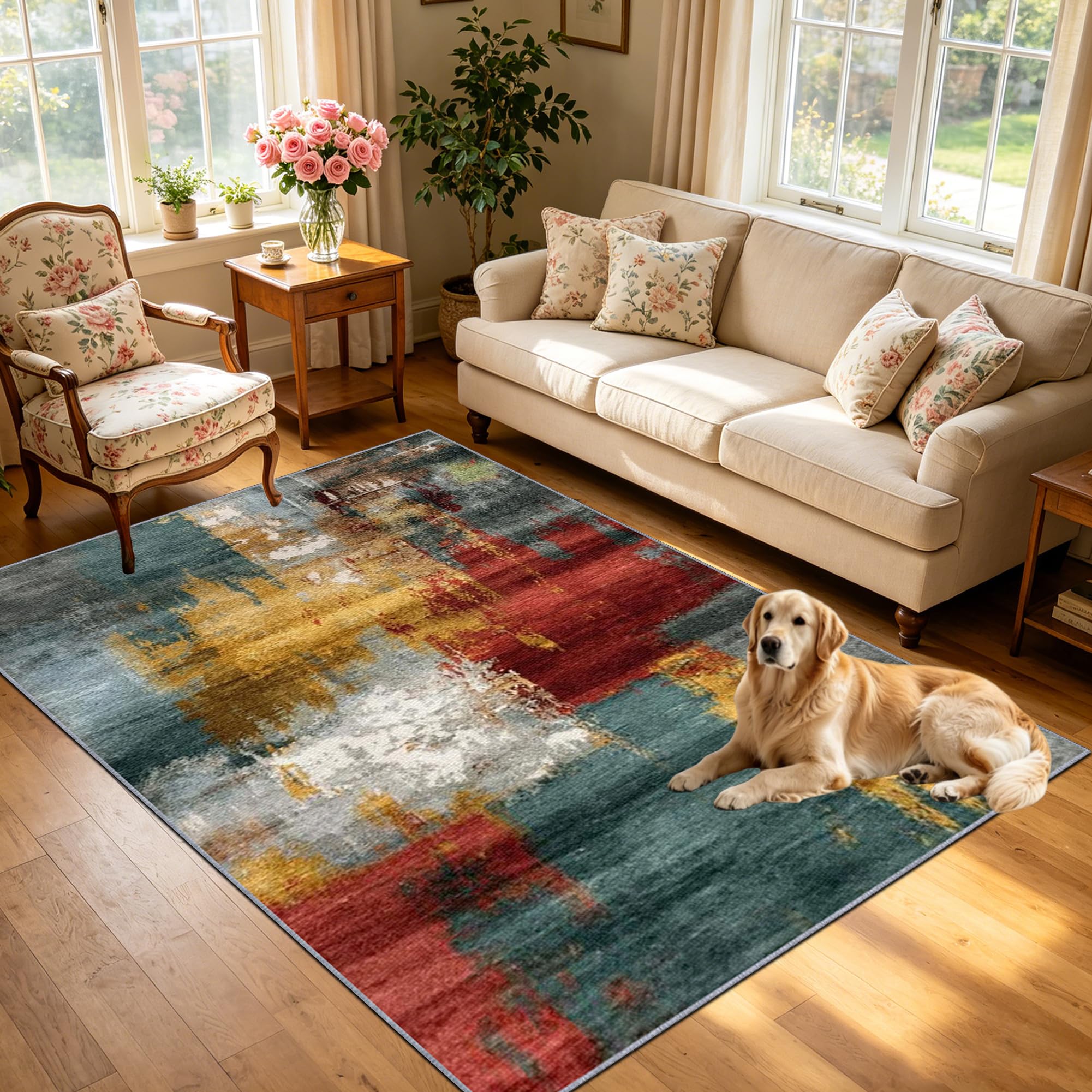 Tapis salon abstrait 200x250 cm lavable et antidérapant grand format