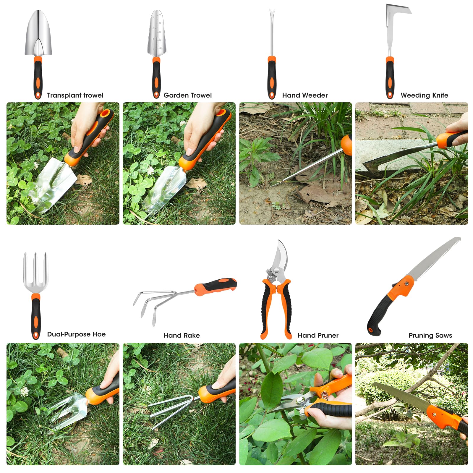 Gartden Tools, 10 herramientas de jardín de acero inoxidable para jardinería con mango ergonómico antideslizante, herramientas de mano de jardín con bolsa de mano para mujeres, hombres, regalo 3