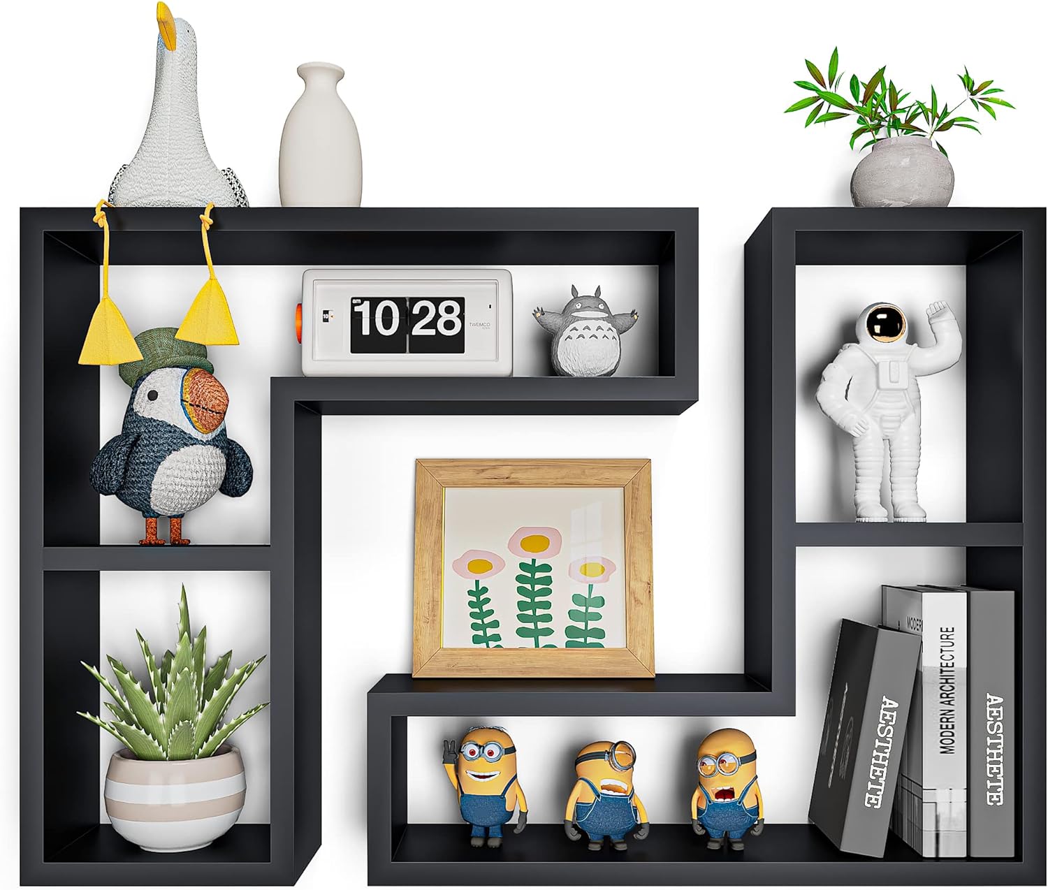 Wooden Black Square Cube Floating Shelves Wall Mounted Set