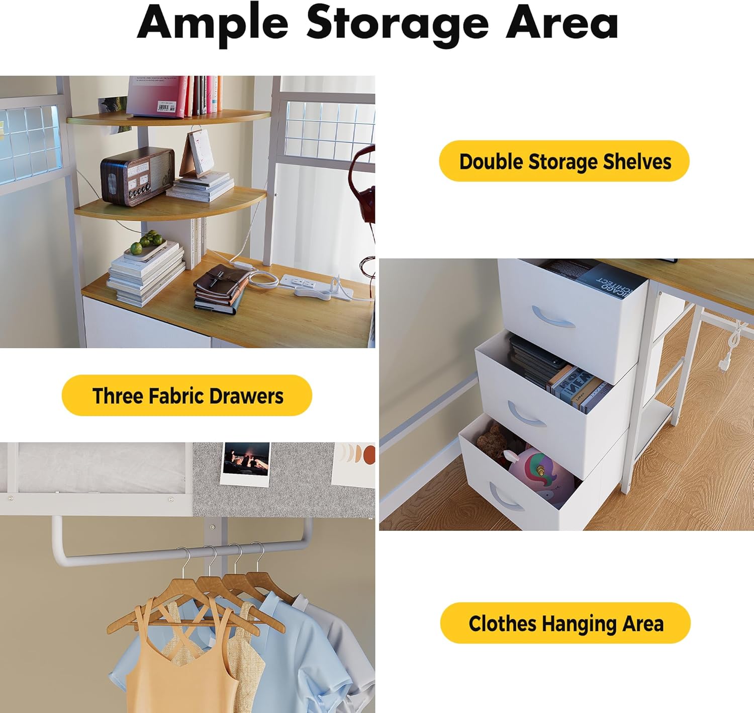 Full Size Loft Bed with Desk, Charging Station, LED Lights and Storage, Heavy Duty Metal Gaming Loft Bed Frame with Safety Guardrail & Ladder for Adults, Space-Saving, White