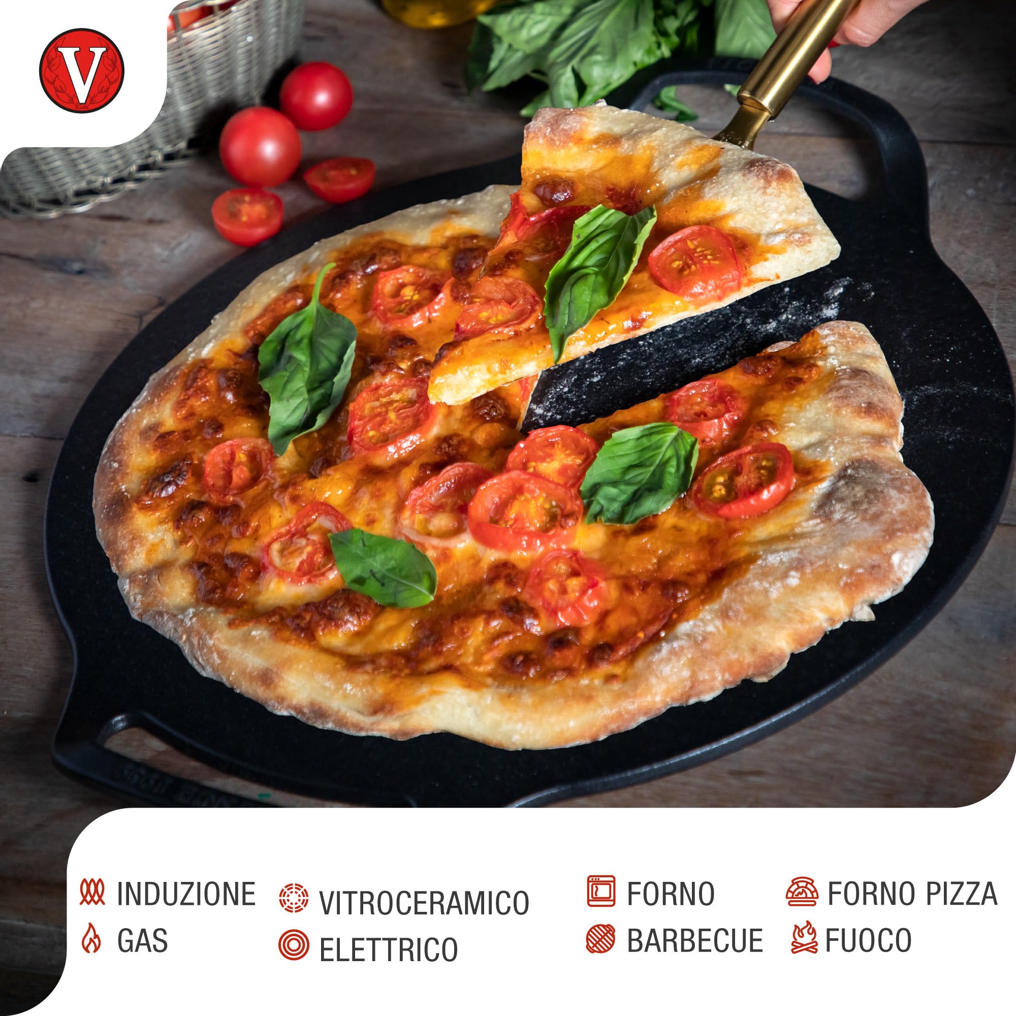 Victoria Teglia per Pizza Ghisa Stagionata, Induzione Piastra per Grigliare 38cm con Manici per Fuoco, Barbecue, Forno, Vetroceramica, Gas, Comal, Antiaderenza Priva di Sostanze Tossiche e senza PTFE