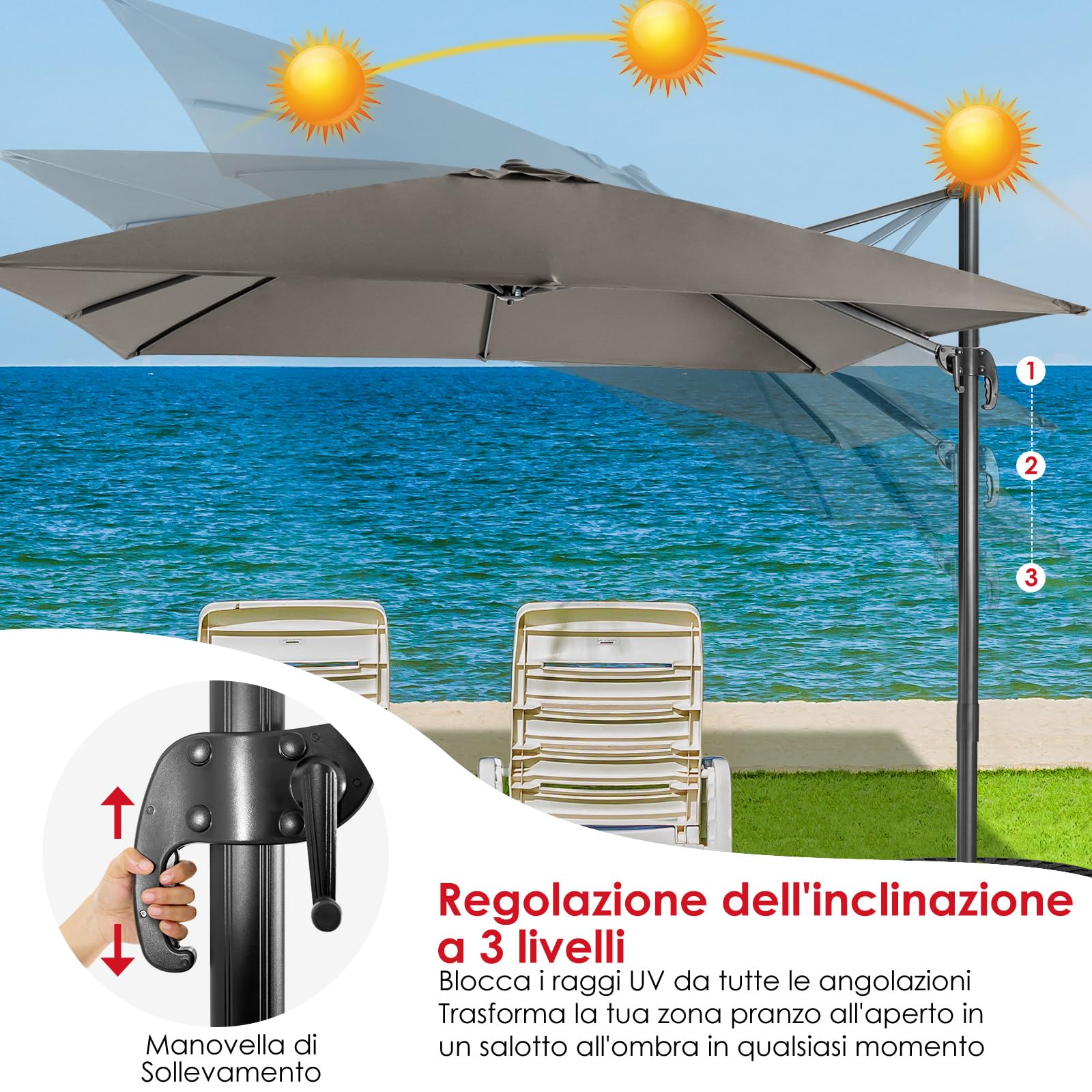 COSTWAY Ombrellone da Giardino 300x300cm 3 Inclinazioni Rotazione 360° Manovella 8 Stecche Base Incrociata Grigio