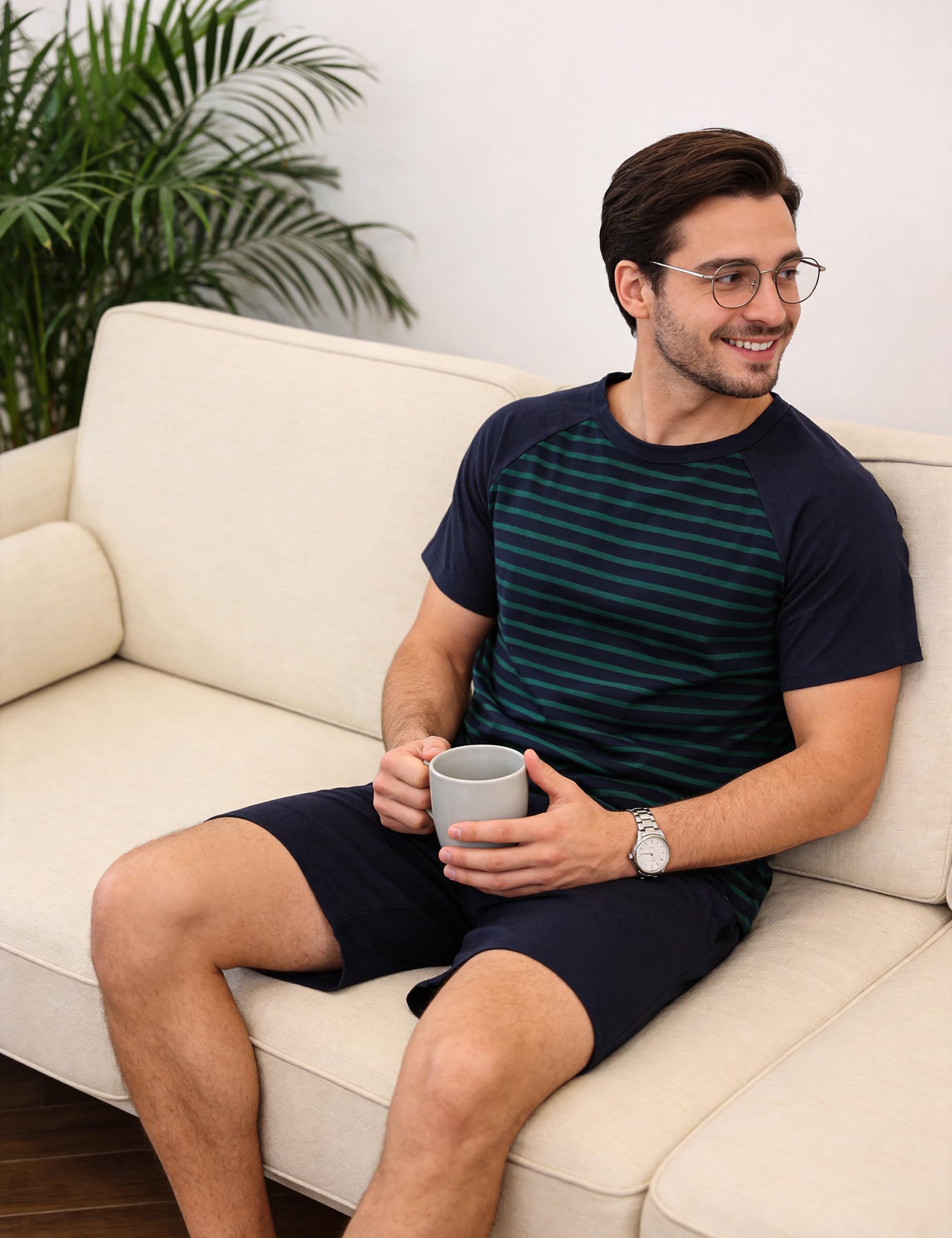 Bresdk Pijama Hombre Verano Conjunto de Pijamas Corto Manga Corta Camiseta y Pantalones Cortos con Bolsillos Suave y Cómodo