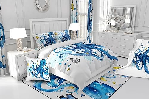 Miniatura 4 de Juego de funda de edredón de tentáculos de pulpo azul verdoso, tamaño Queen, diseño de animales marinos marinos y marinos, para niños, adolescentes,