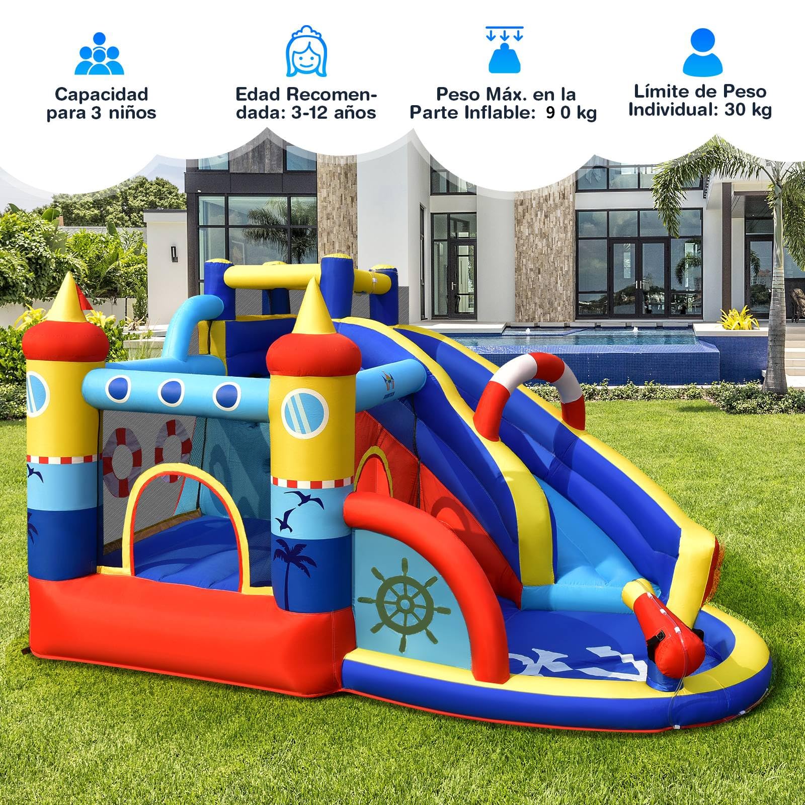 COSTWAY Castillo Hinchable Acuatico, 6 en 1 Castillo Hinchable para niños 3-10 Años con 3 Niños, 360X290X200CM, Seco y Agua, Insuflavel Crianças Interior Exterior (sin soplador)