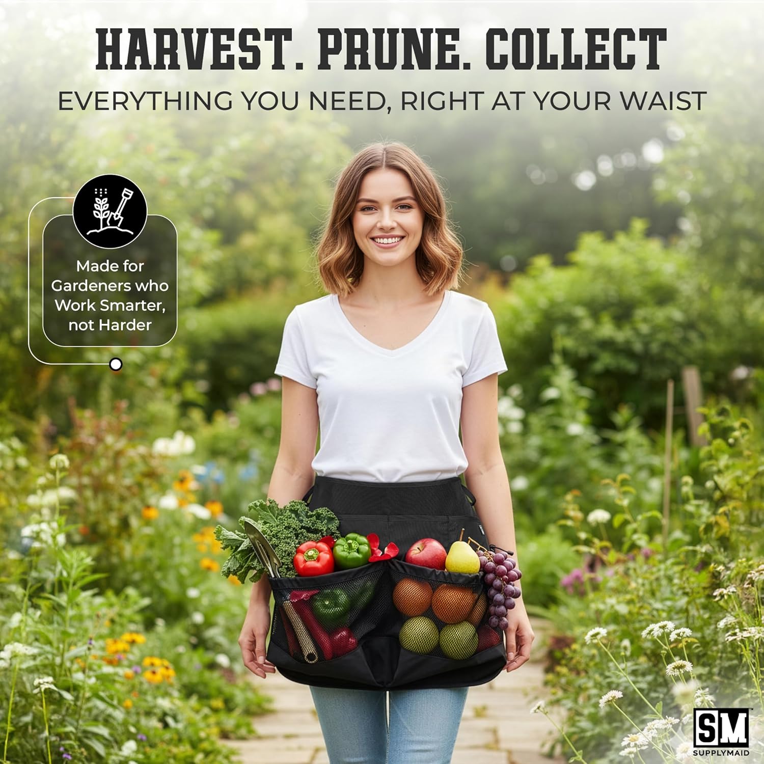 Waterproof Gardening Apron with Mesh Pouch Pockets for Tools, Fruit, Vegetables, Adjustable Buckle Waist Belt