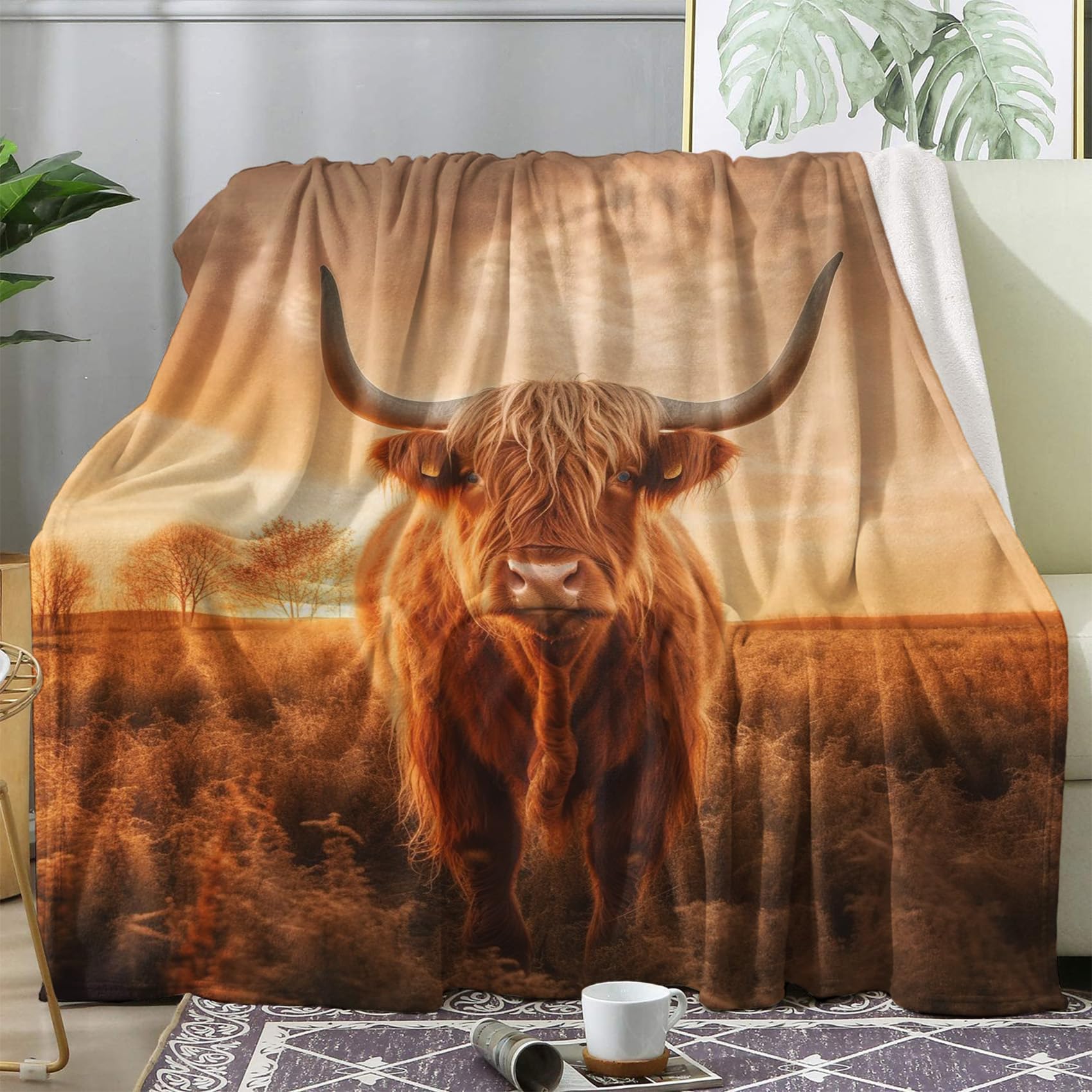 ECOTOS Highland Cow Blanket Farm Animal Throw Fleece Blanket for Bed Sofa, Soft Fluffy Flannel Warm Blankets and Throws for Armchairs Couch Outdoor Camping Travel, Single 130x150cm