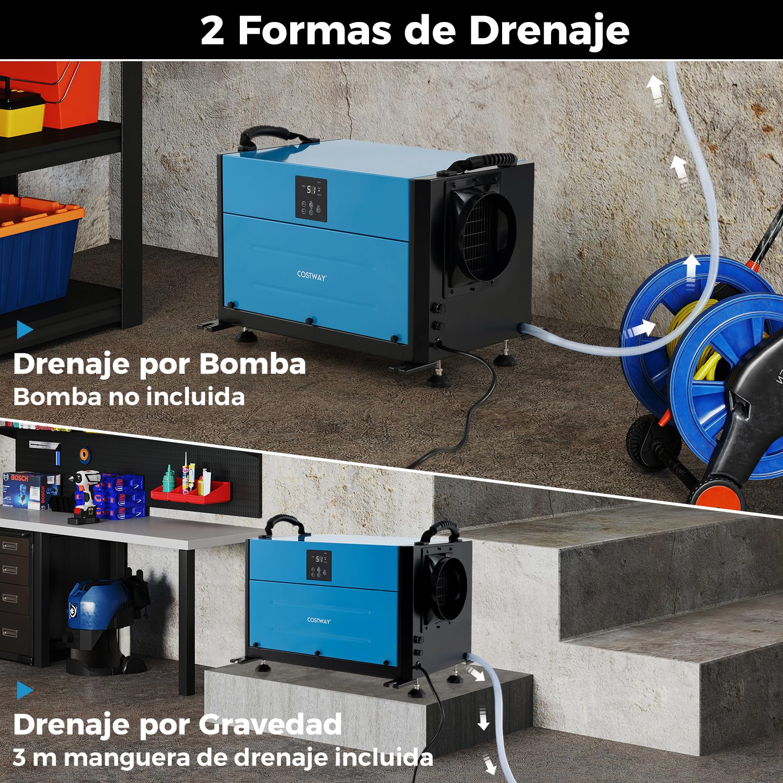 COSTWAY Deshumidificador Industrial de 73,5 L/Día, Deshumificadores de Humedad Silencioso con 3 Modos y Temporizador de 24H, Manguera de Drenaje y Descongelación Automática, Azul