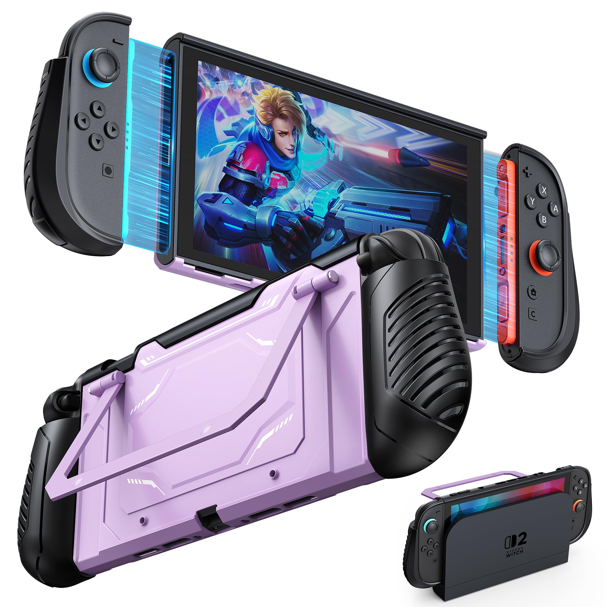 FYOUNG Dockable Switch 2 Case, Protective Cover Hard Shell for Nintendo 2 | Military-Grade Full Protection for Nintendo Switch 2 Console with Extra Kickstand, Ergonomic Grip Accessories (Light Purple)