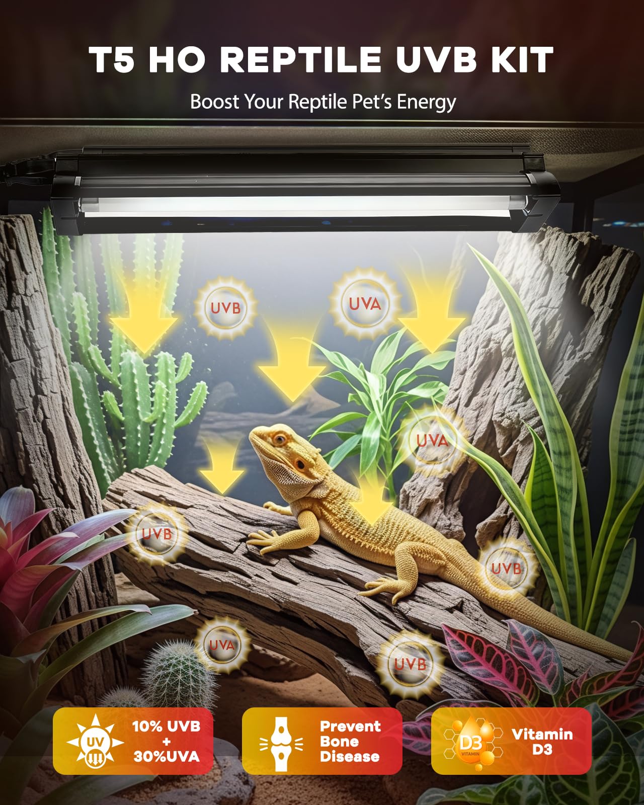 Haceryc UVB Light for Reptile 8W, T5 UVB Reptile Light Fixture HO Combo Kit with Test Sensor Cards, 12" High Output Reptiles Light Bar UVA UVB Desert Lamp for Turtle Lizard Bearded Dragon Tank - image 2