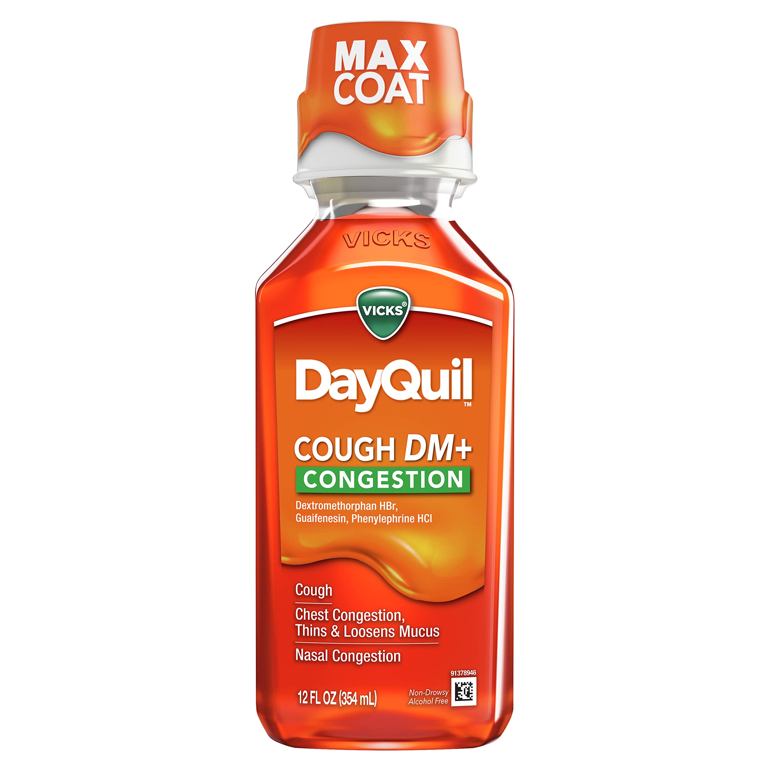 Vicks DayQuil Cough DM+ Congestion Relief Liquid Medicine, Maximum Strength Multi-Symptom Non-Drowsy Daytime Relief for Cough, Chest Congestion, Mucus, and Nasal Congestion, 12 FL OZ