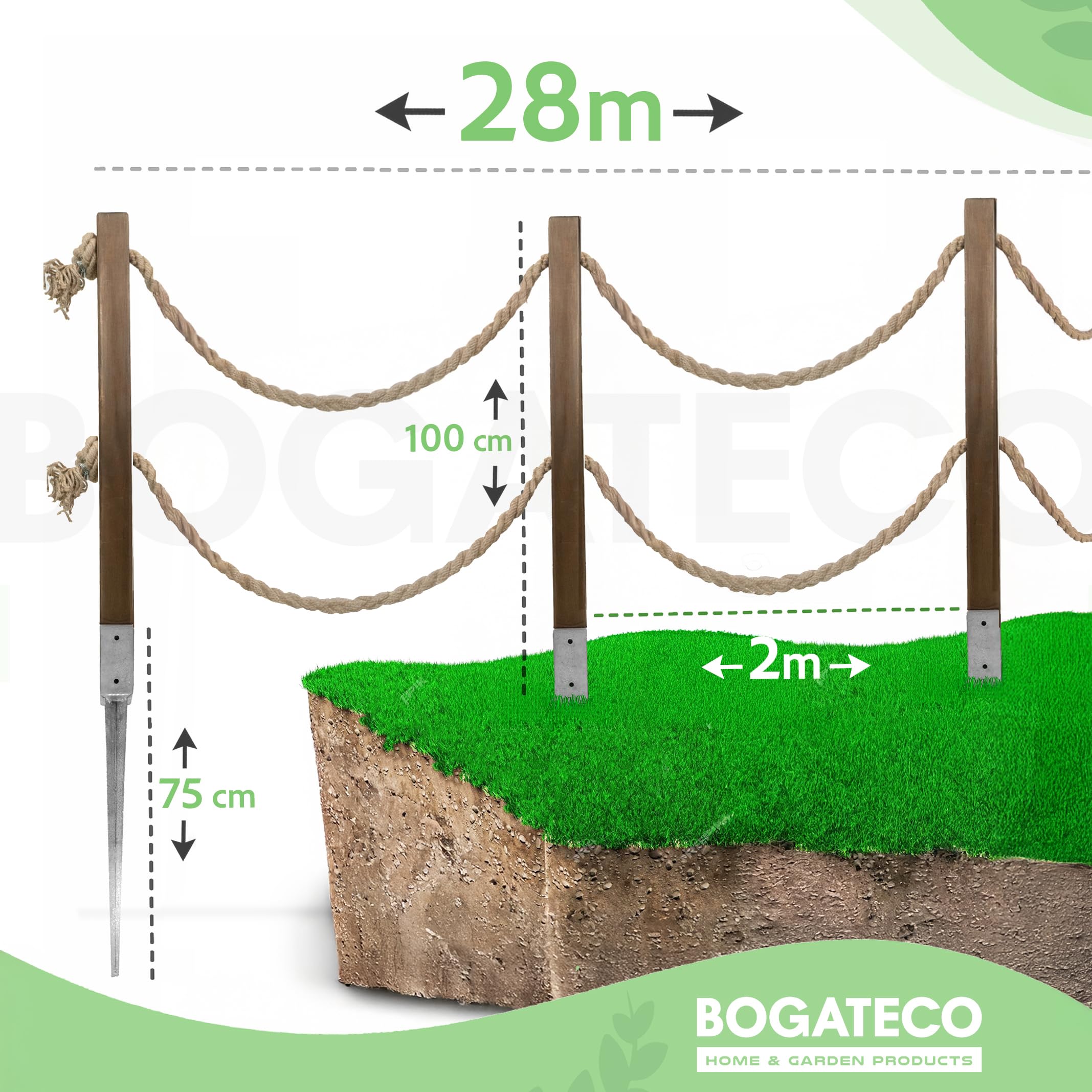 Bogateco Ogrodzenie drewniane, podwójne ogrodzenie linowe 28 m | kompletny zestaw odgradzający z liny jutowej 30 mm i drewnianymi słupkami | impregnowane drewno wraz z tulejami osadczymi do ziemi |