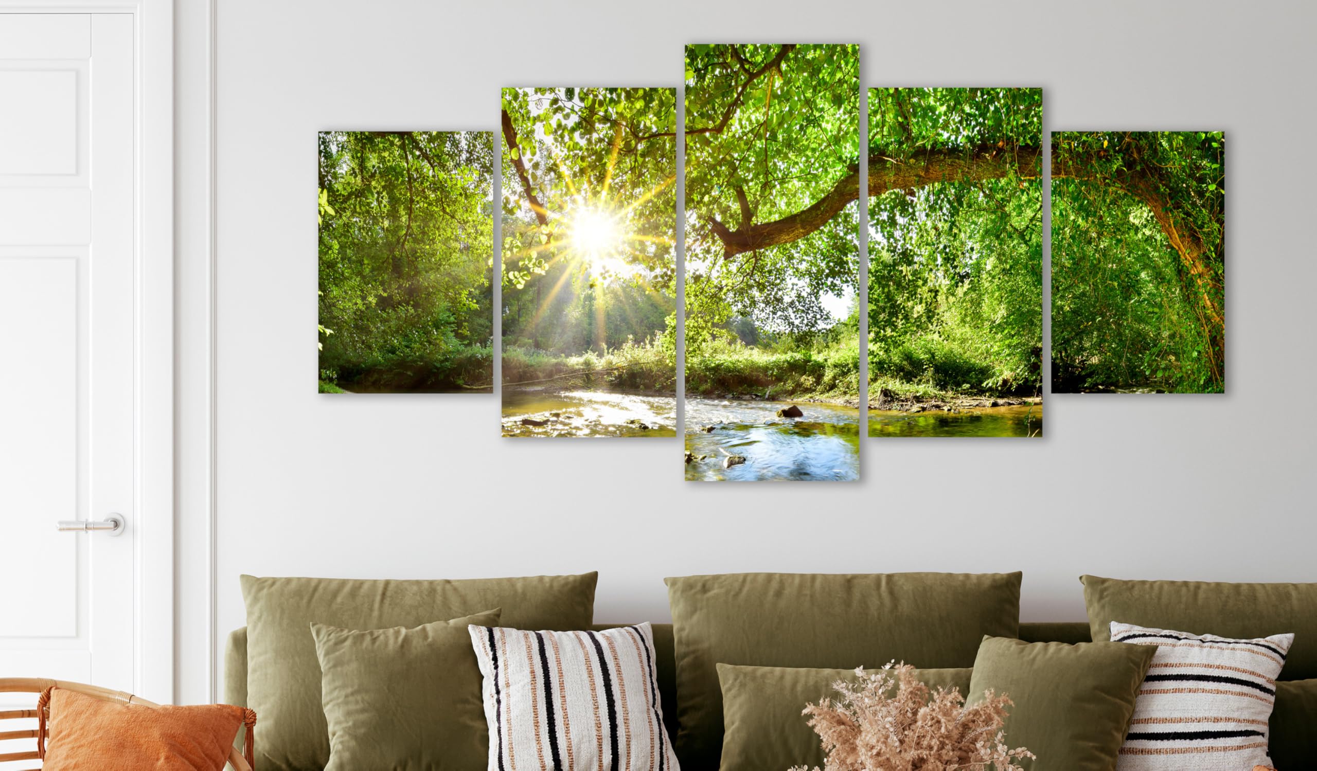 B&D XXL - Quadro Fonoassorbente Albero Nei Raggi Del Sole 100x50 cm 5 Pezzi - Canvas - Quadri Acustici Componibili XXL Grandi - Pannelli Fonoassorbenti Decorativi per Soggiorno b-B-10226-b-a