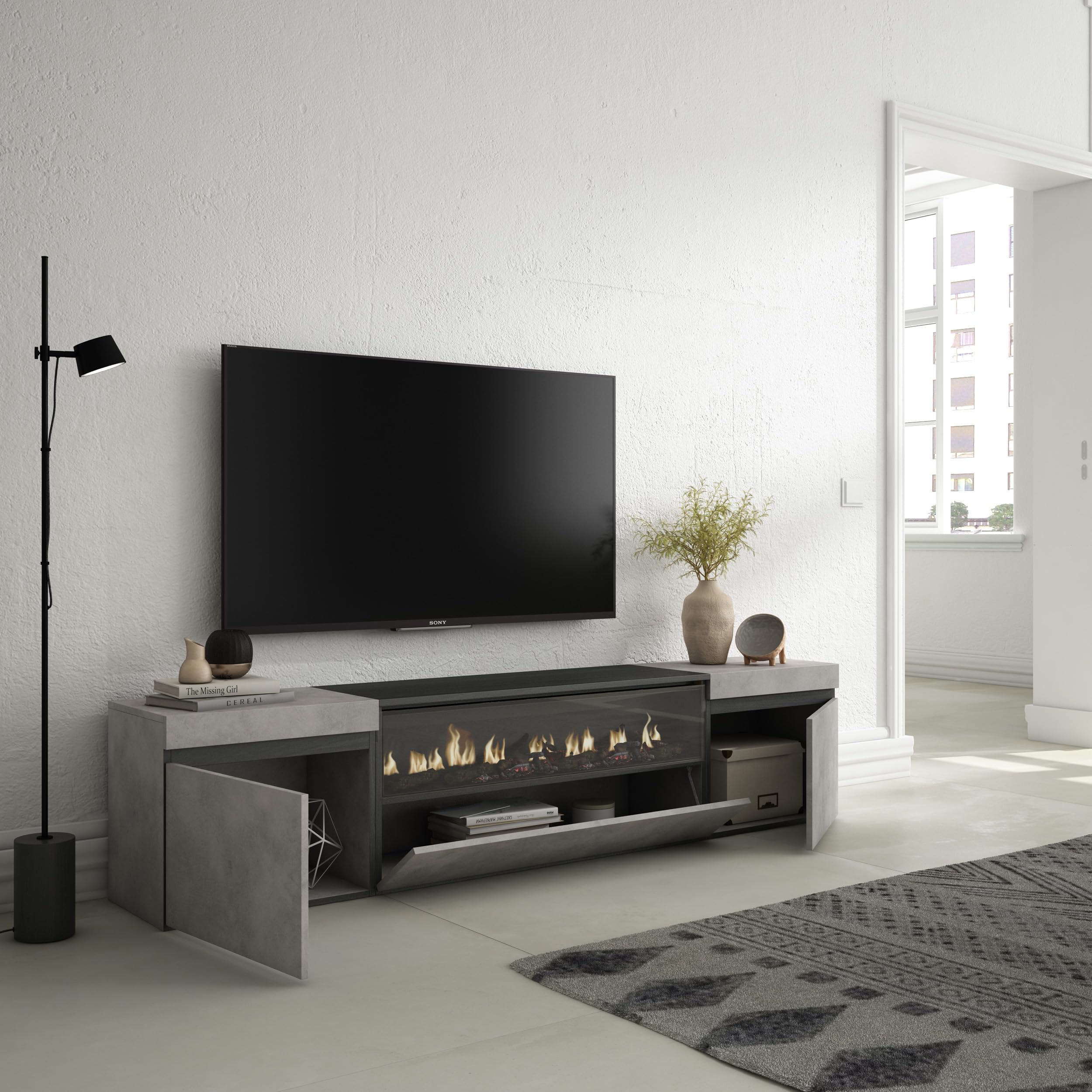 Skraut Home | TV-Schrank, Lowboard | für Wohnzimmer und Esszimmer | 200x45x35cm | Für TV-Geräte bis zu 80" | Elektrokamin. Maße | Moderner Stil | Zement