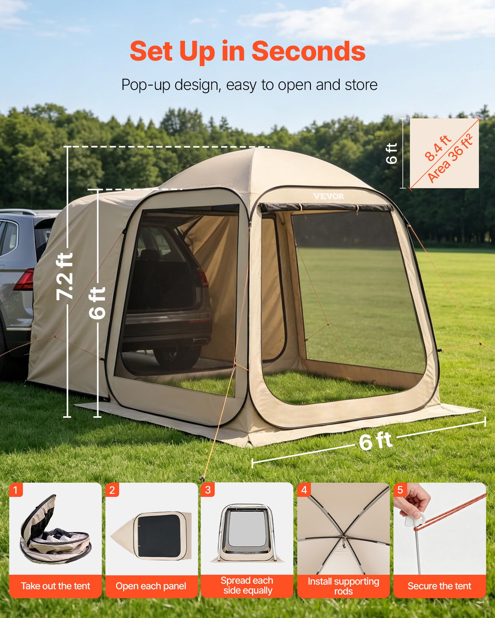 VEVOR Tenda da Campeggio da 1825 x 1825 x 2200 mm, Tenda da Portellone Posteriore per SUV da 4-6 Persone, con Zanzariera e Borsa per il Trasporto, Lati in Rete, per Giardino, Attività all'Aperto