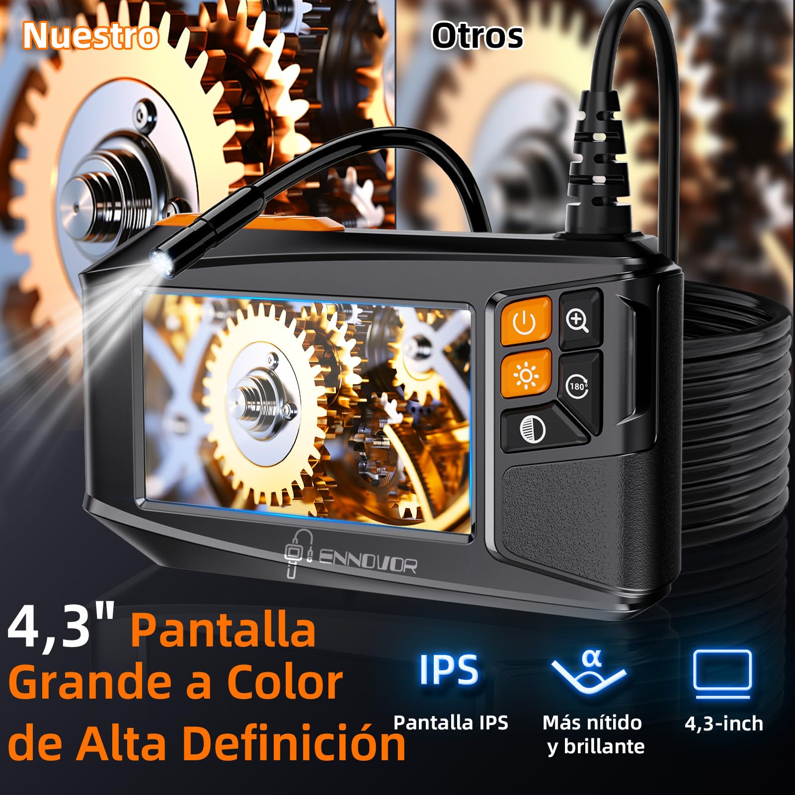 Cámara Endoscópica con Pantalla IPS 4.3" 1920P HD, Endoscopio Camara de Inspeccion Impermeable IP67 con 8 Luces LED Cable Semi-Rígido 10M, Camara Inspeccion para Tuberías, Automóviles, Hogar