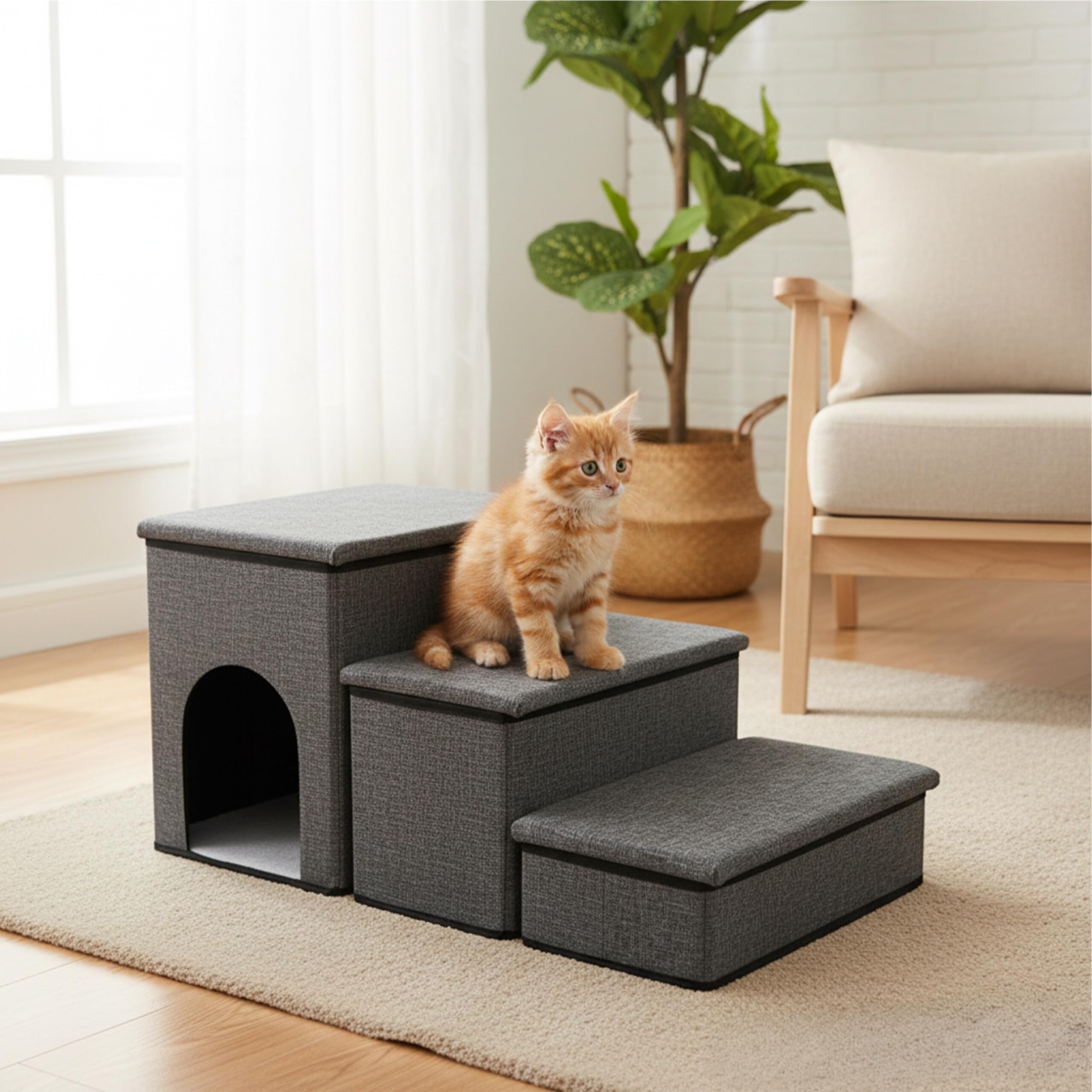 Relaxdays Scaletta per Cani 3 gradini, Cuccia con vano, Pieghevole, Letto/Divano, Grigio Scuro 43x75x33 cm