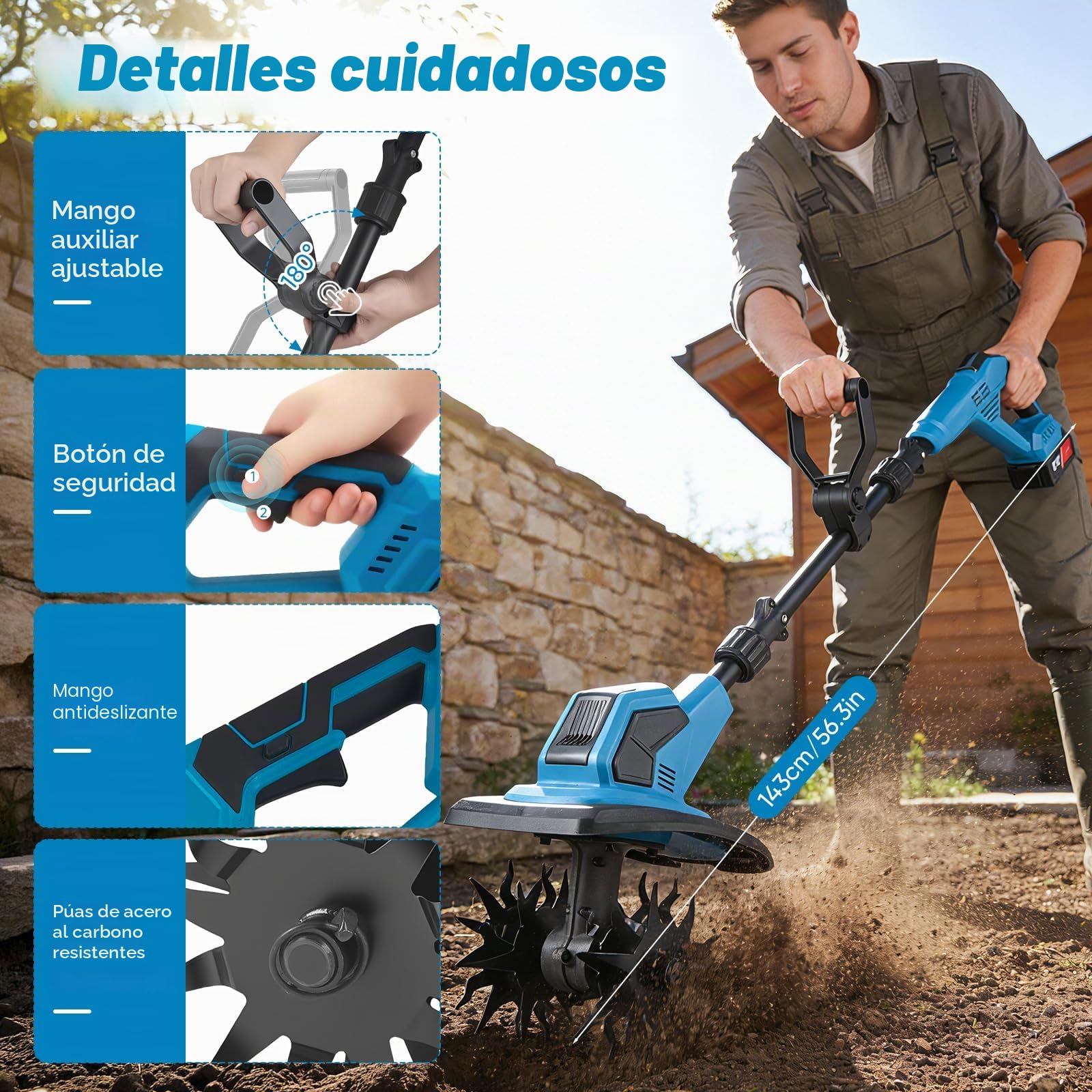 Motoazada Eléctrica Cultivador 2 en 1 con Batería, Micro Rotavator Portátil para Hogar y Jardín, Profundidad Ajustable 17cm, Ancho de Trabajo 23cm, Interruptor de Seguridad