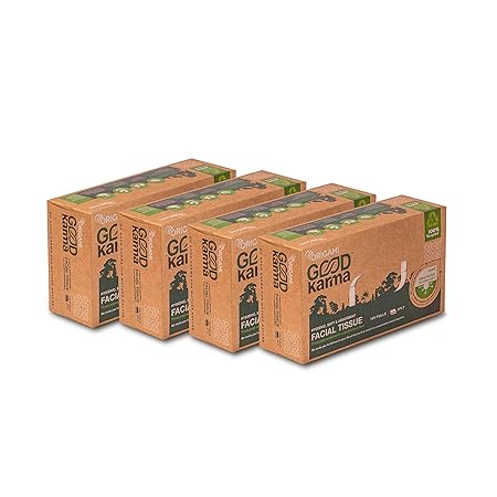 Origami Good Karma 2 Ply Unbleached Sustainable Facial Tissue Box | Car Tissue - Pack of 4 (100 Pulls Per Box, 400 Sheets)