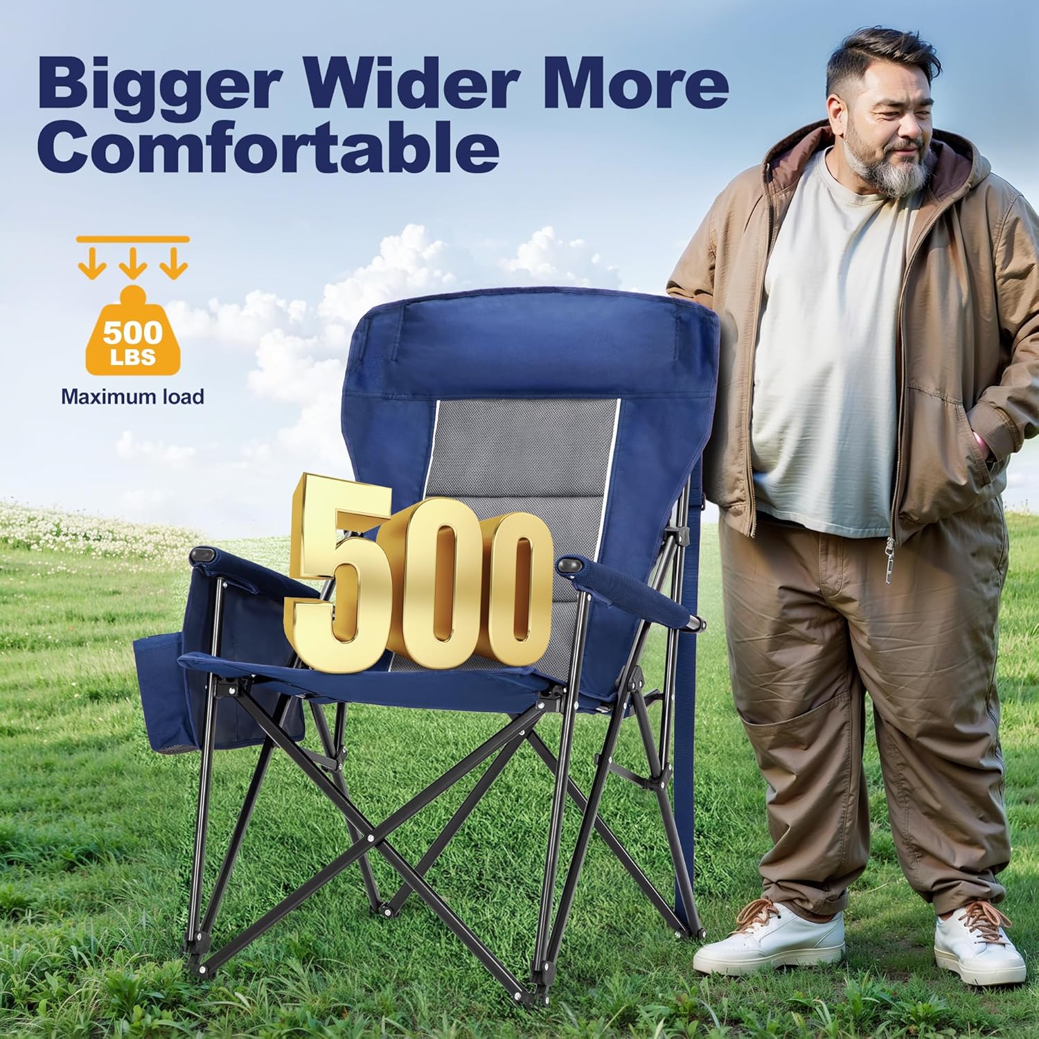 LET'S CAMP Oversized Camping Chairs 29.52" High Back Heavy Duty Lawn Chair Support 500LBS, Portable Collapsible Chair with Cup Holder, Side Pocket,2 Pack(Blue) - Image 3