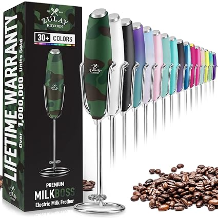 Zulay Milk Frother Handheld Foam Maker With Upgraded Holster Stand - Powerful Coffee Frother Electric Handheld Mixer - Battery Operated Frother For Coffee with Stainless Steel Electric Whisk (Green Camo)