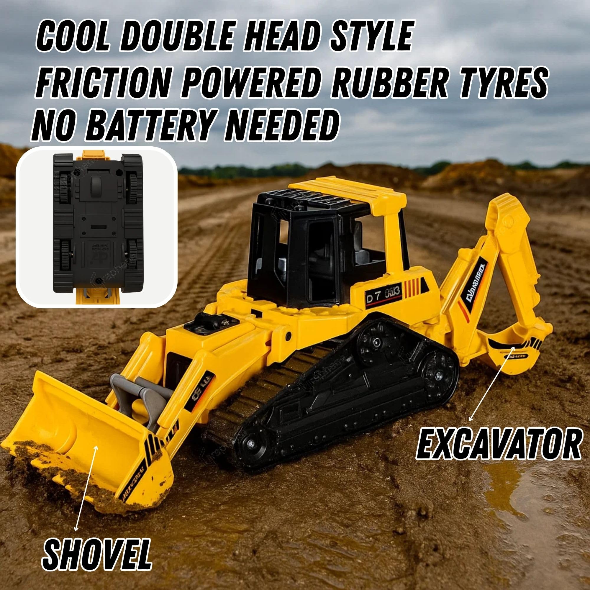 GRAPHENE 2in1 Construction Toy Bulldozer Excavator Engineer JCB Truck Movable Joints No Battery Needed Friction Power Vehicle for 1-5 Years Kids Boy Girl Toddlers 1