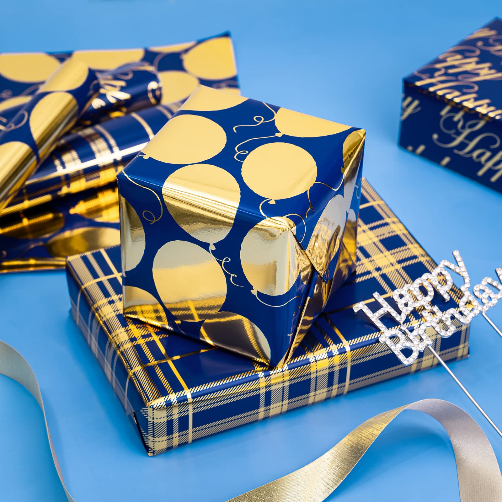 Carta Da Regalo Compleanno Mini Rotolo - 3 Rotoli Blu/Oro Per Feste E Regali
