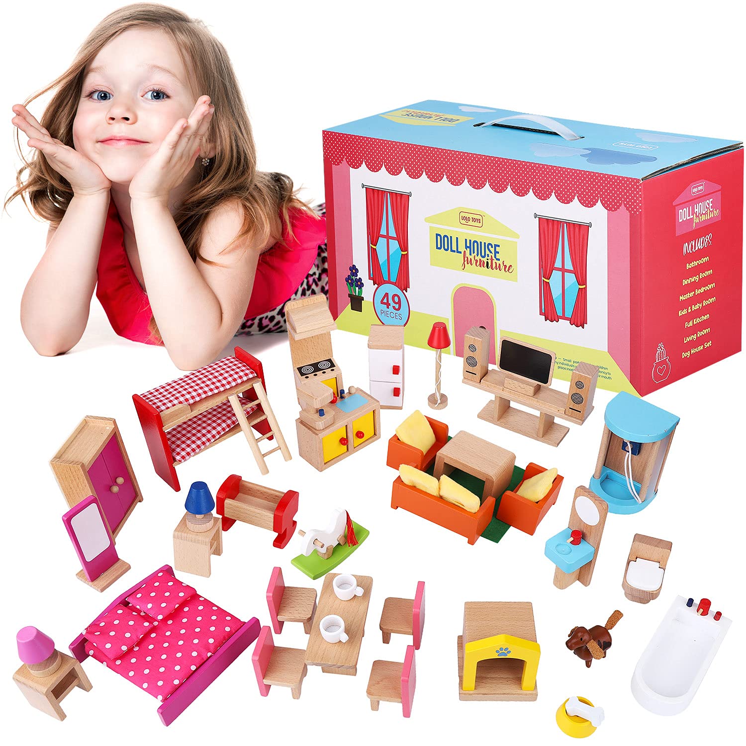 Wooden Dollhouse Furniture Set – 49-Piece Kit, 7 Rooms, 1:12 Scale – Doll House Bathroom, Dining Roo