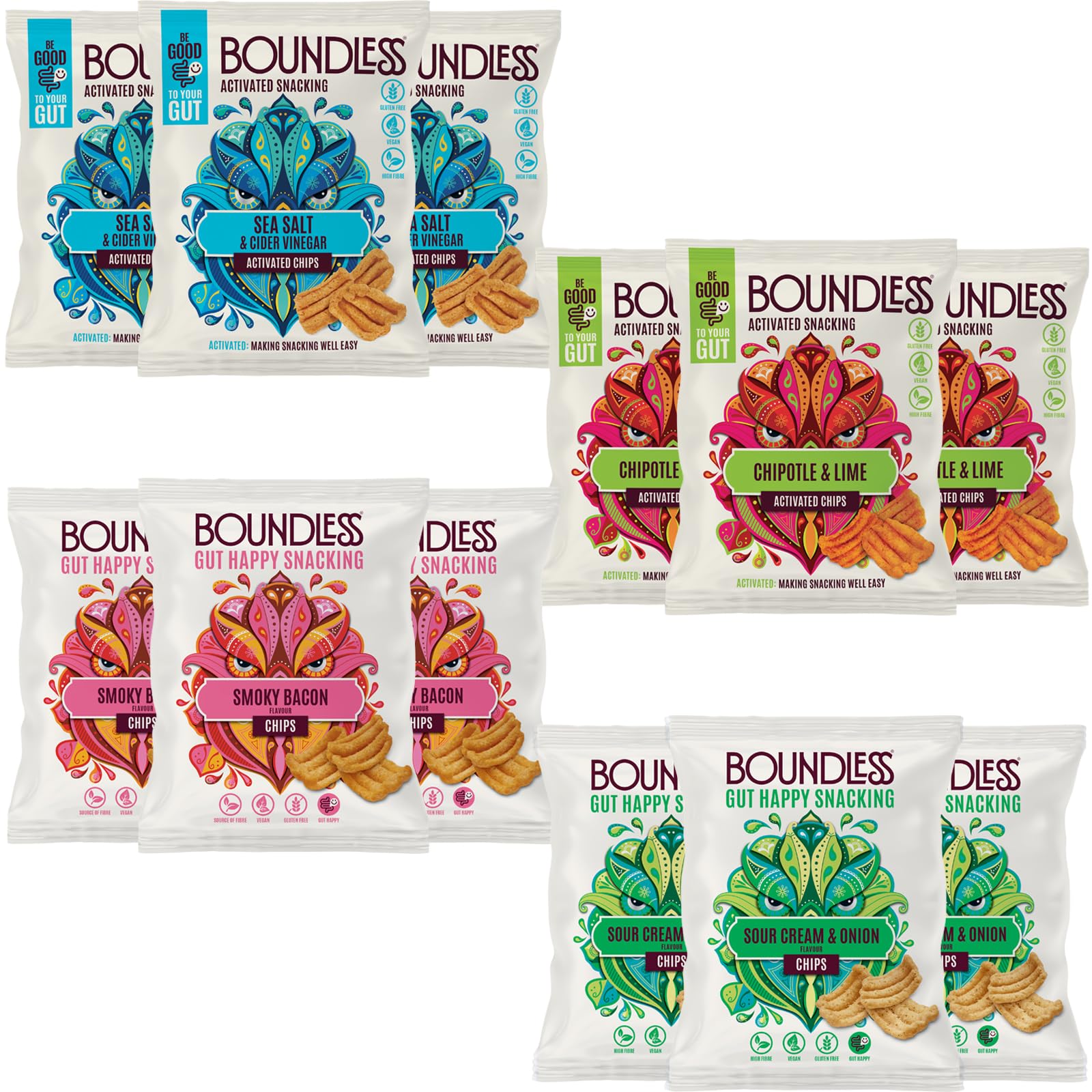 Activated Chips - Gut Health Vegan Crisps Multipack - 12 x Variety Crisps Pack, 4 x Flavours - Pea Protein Crisps - Gluten Free Snacks, Vegan Protein Snacks, Healthy Snacks Bulk - 12 x 23g