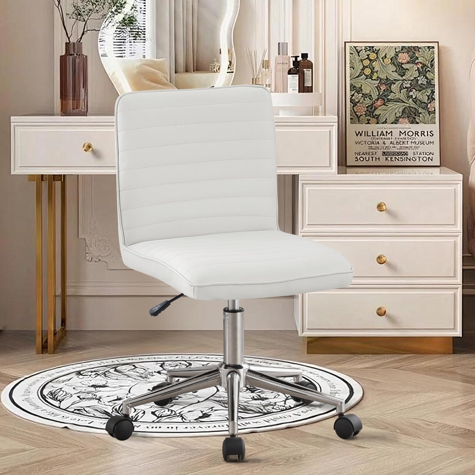 Hellove Bürostuhl Schreibtischstuhl Ergonomischer PU Leder Drehstuhl ohne Armlehnen Höhenverstellbarer, Homeoffice Stuhl 360° Drehbar für Arbeitszimmer Büro Wohnzimmer Schlafzimmer, Weiß