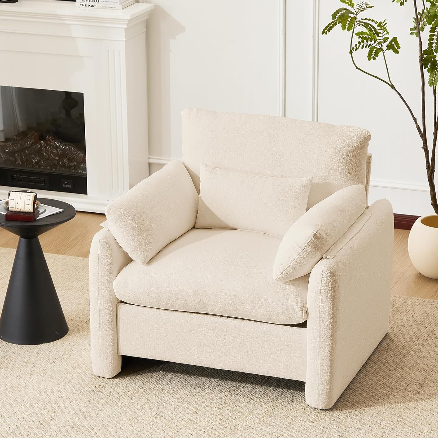 Extra-Grand Poltrona Salotto, 93.5cm Divano Singolo Poltrone Camera da Letto con Braccioli Rimovibili e Cuscino, Poltrona Imbottita Relax per Salotto Soggiorno Camera da Letto, Beige