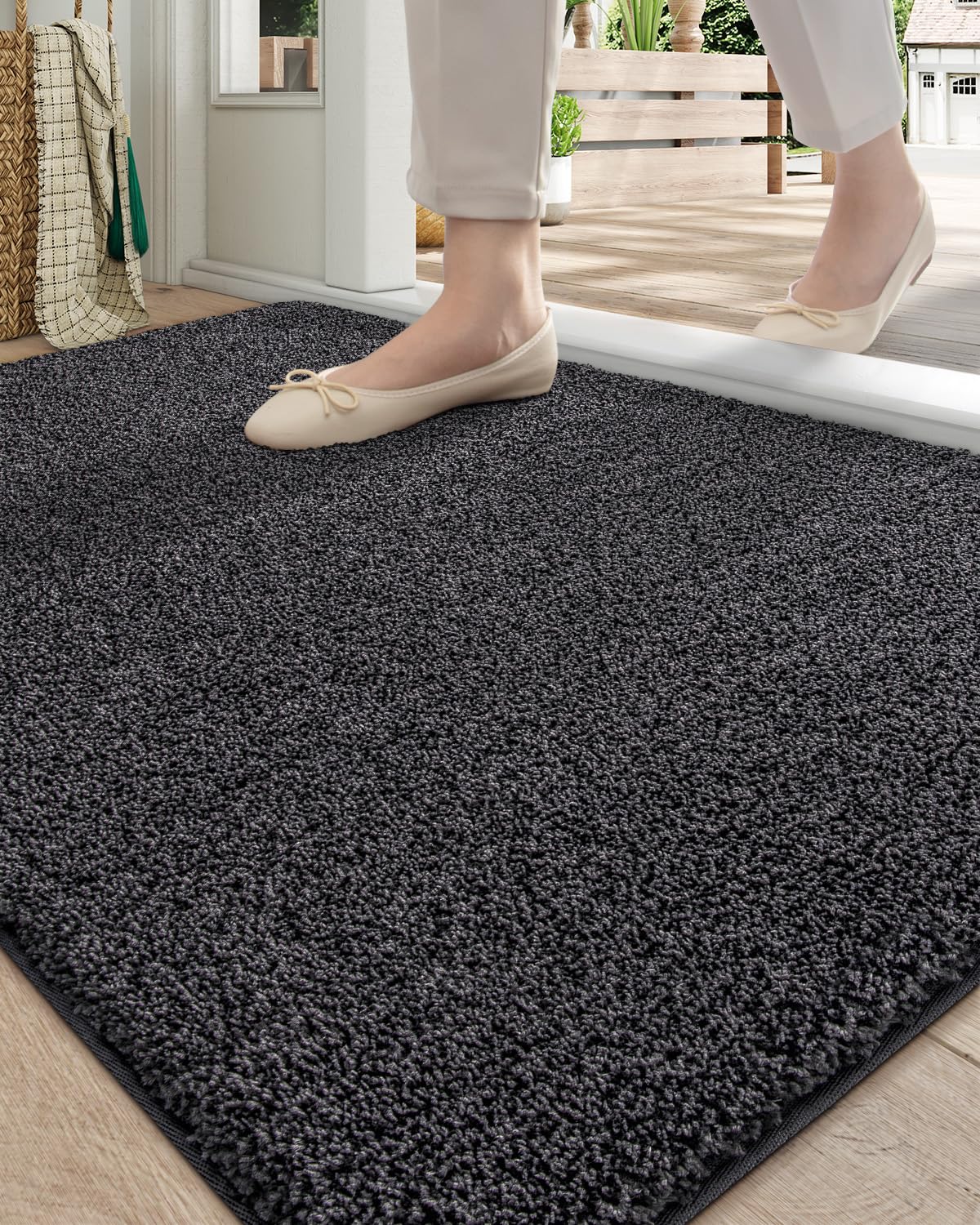 DEXI Dirt Trapper Door Mat Non Slip Washable Entryway Mat, Fade and Stain Resistant, Low Profile, Absorbent Doormat for Entrance, Hallway, Patio, 20"x32", Black Mixed Grey