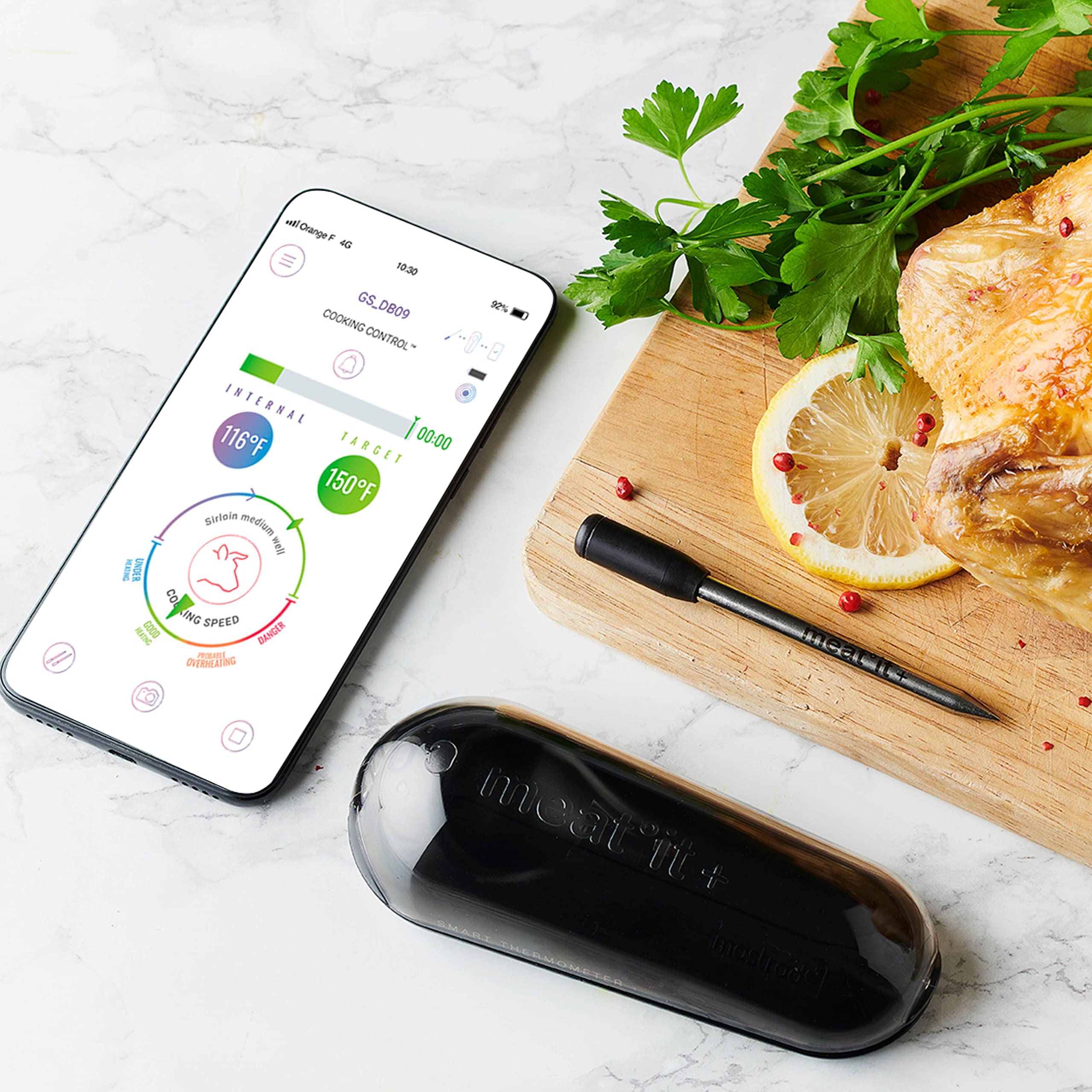 MASTRAD – Meat°it + – Sonde de Cuisson 100% Sans Fil – Thermomètre à Viande Connecté – Four, Barbecue, Poêle – Contrôle Température – Longue Portée – Bluetooth – Noir