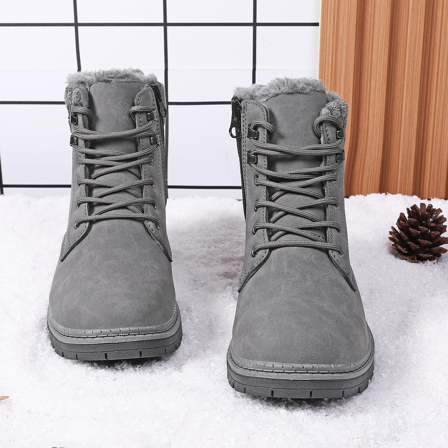 Stivali Donna Inverno Scarpe da Neve Impermeabili Stivaletti Pelliccia Stringate Outdoor Stivali da Trekking Caldi Snow Boots GR.37-42 Grigio-1 40EU