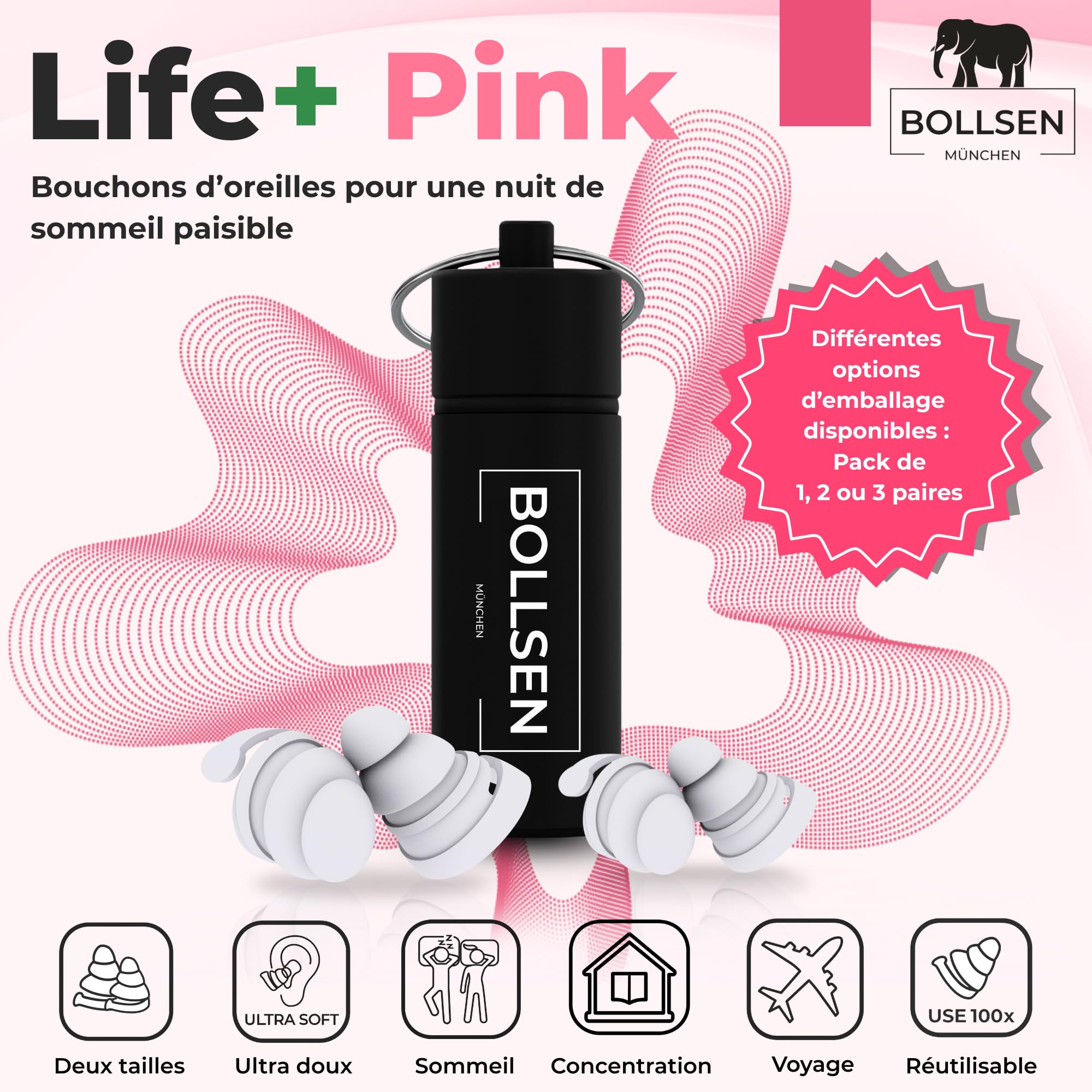BOLLSEN Life+ Pink Bouchons d’oreilles pour dormir - Bouchons d’oreilles en silicone avec 2 tailles (S & M)-Réduction du bruit SNR 24 dB -Confortables jour et nuit - Durables et réutilisables 100x (3)