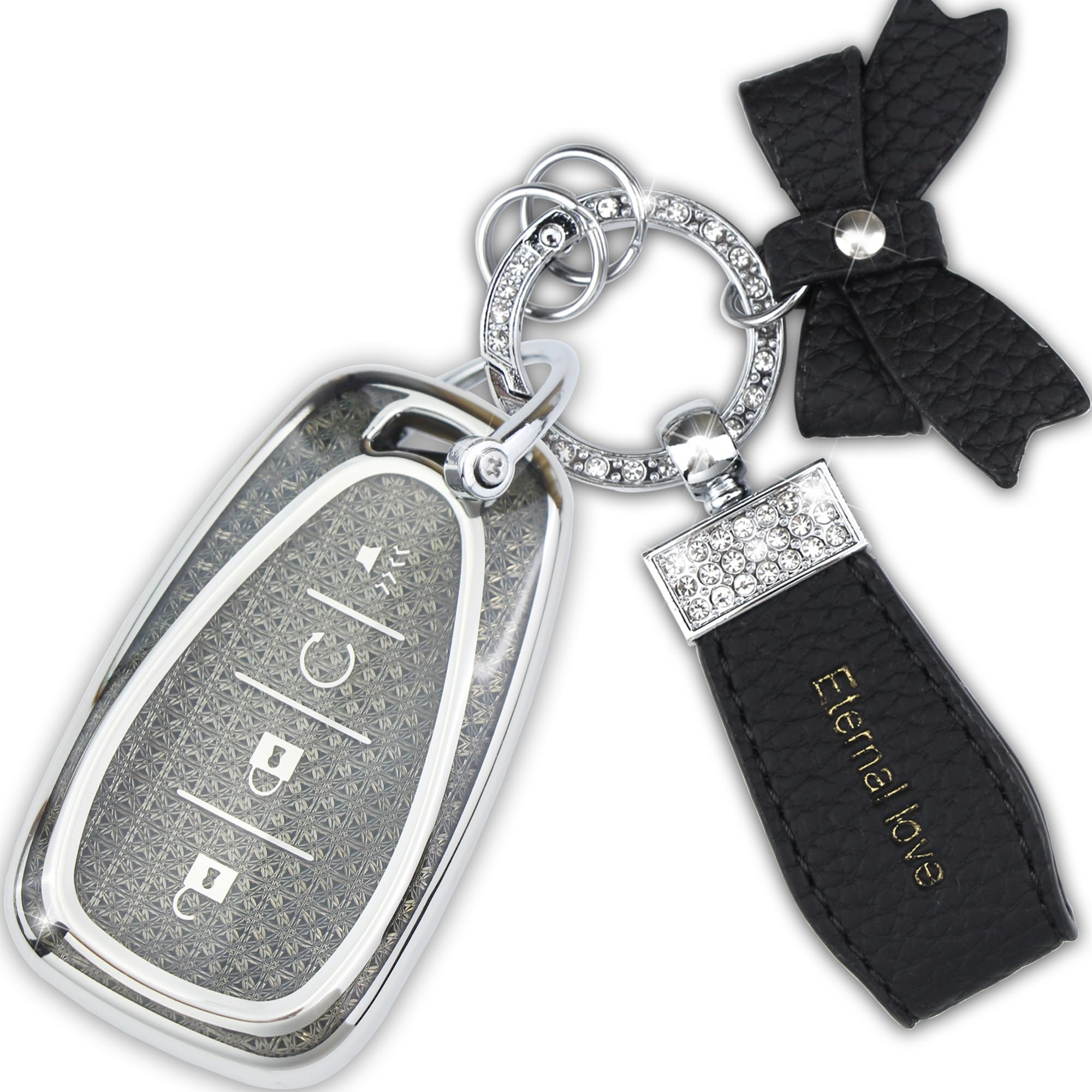 Simocky Fit for Chevy Key Fob Cover with Diamond Keychain, Compatible with Chevrolet Equinox Malibu Cruze Traverse Camaro Trax Blazer Volt Bolt Key